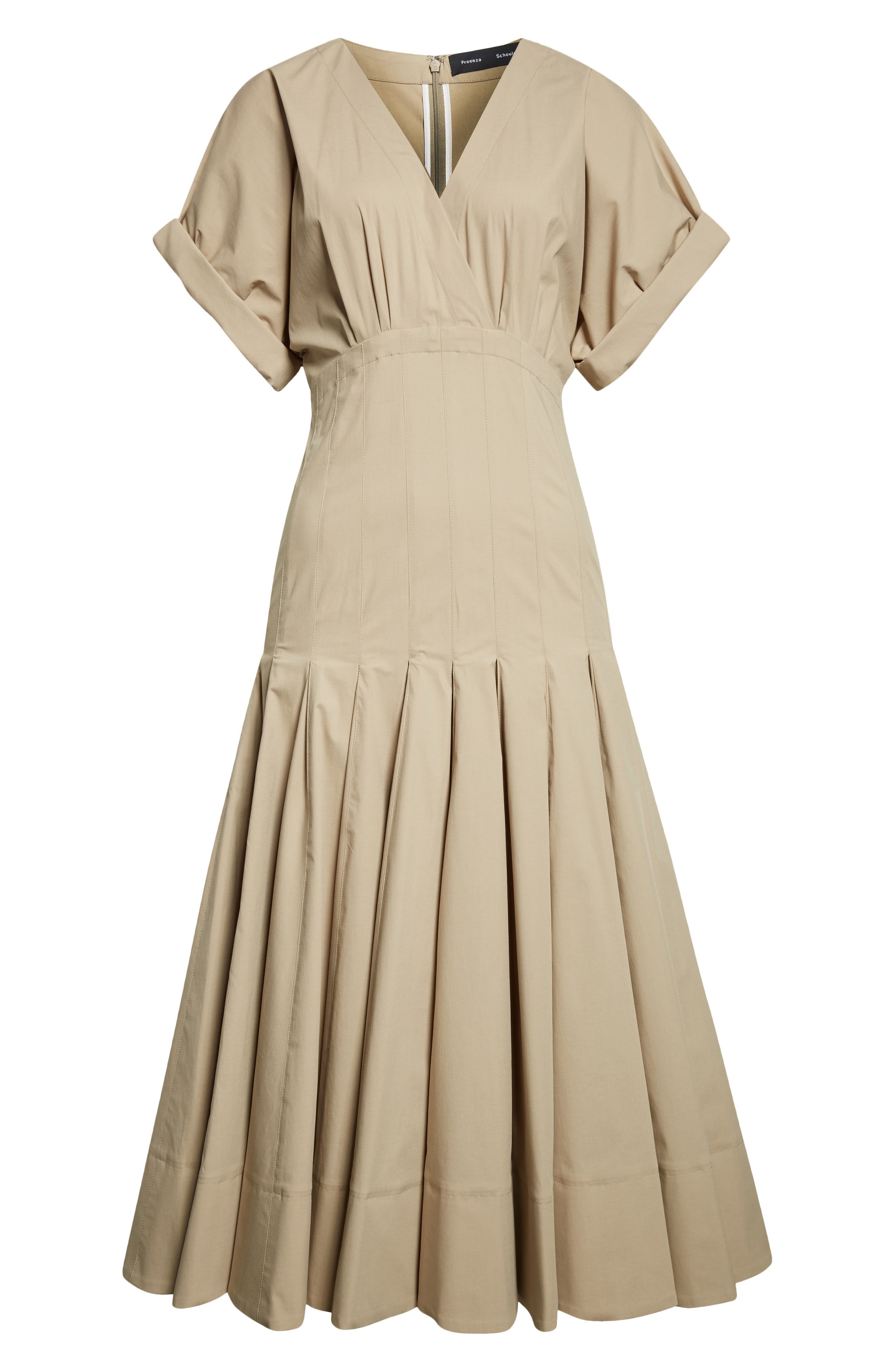 Proenza Schouler Ciara Pintuck Stretch Poplin Fit & Flare Midi Dress in Khaki at Nordstrom - 5