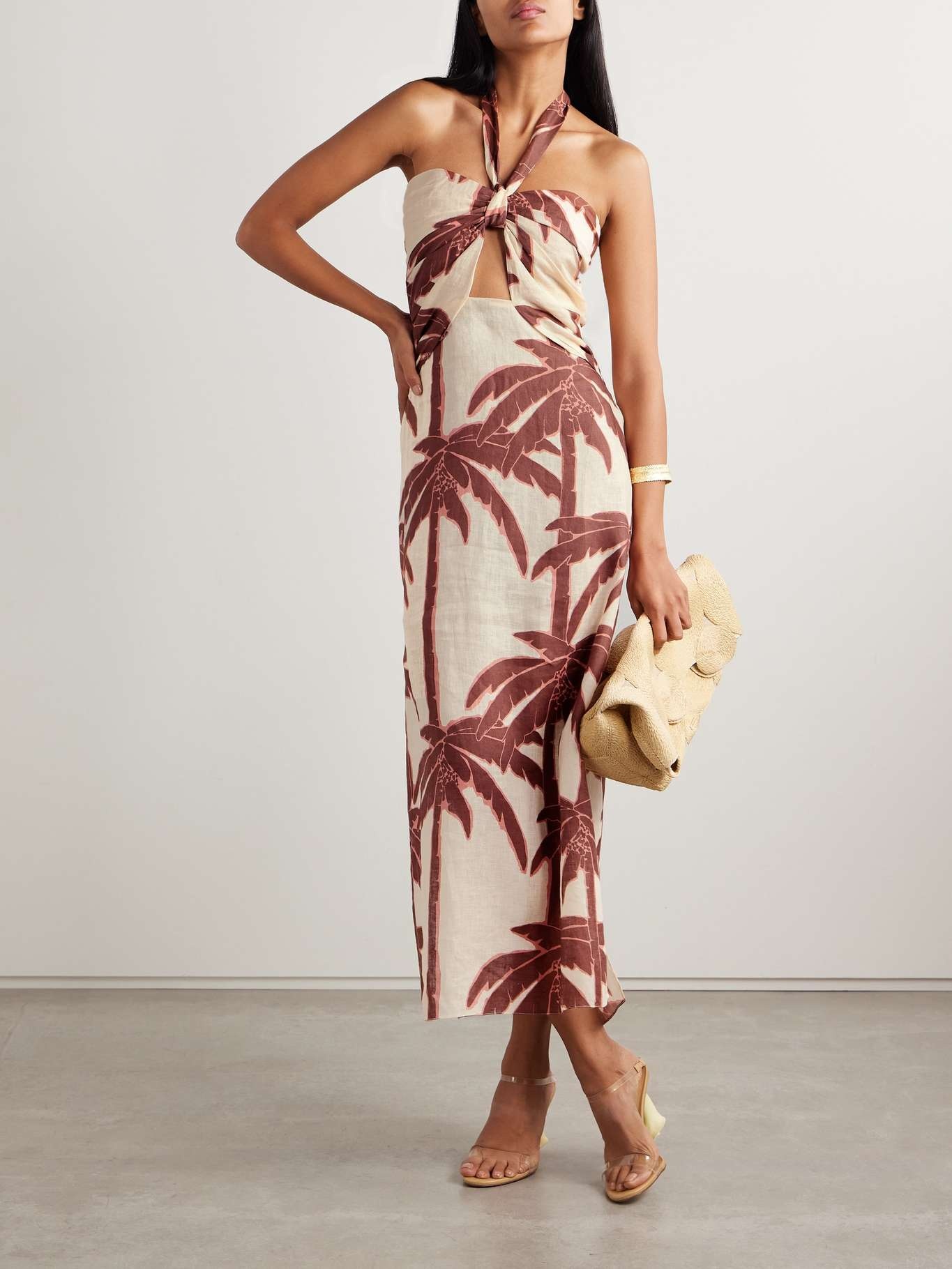 Water Adventure cutout printed linen halterneck midi dress Cream - 2