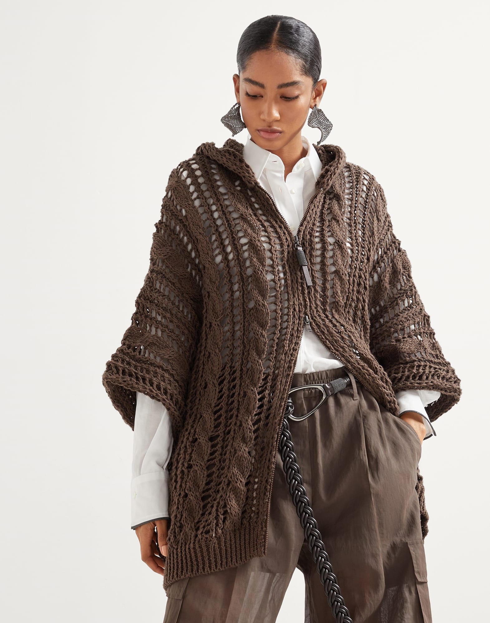 Jute and cotton cable & mesh hooded cardigan with shiny zipper pull - 4
