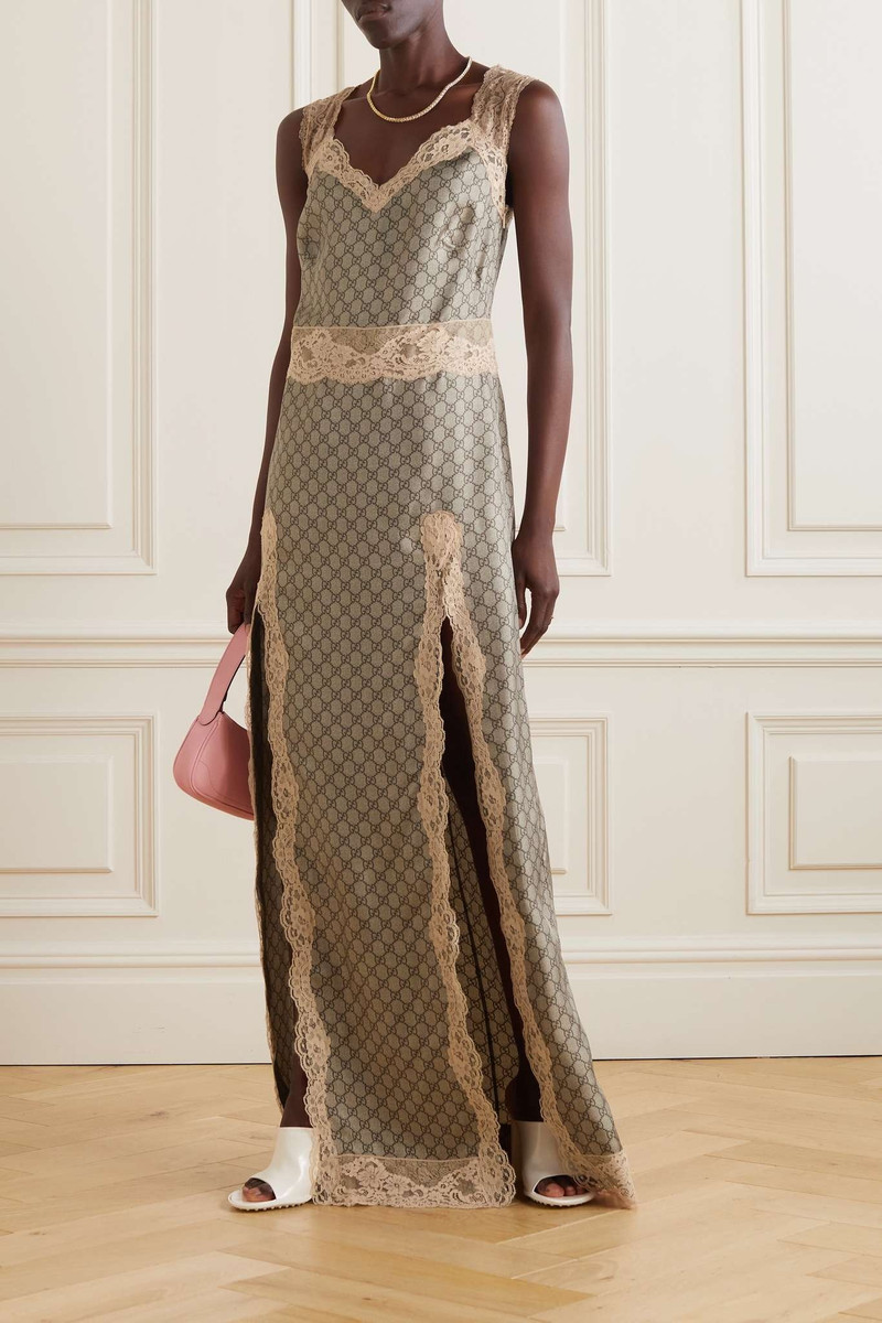 GUCCI Lace-trimmed printed silk-twill maxi dress outlook