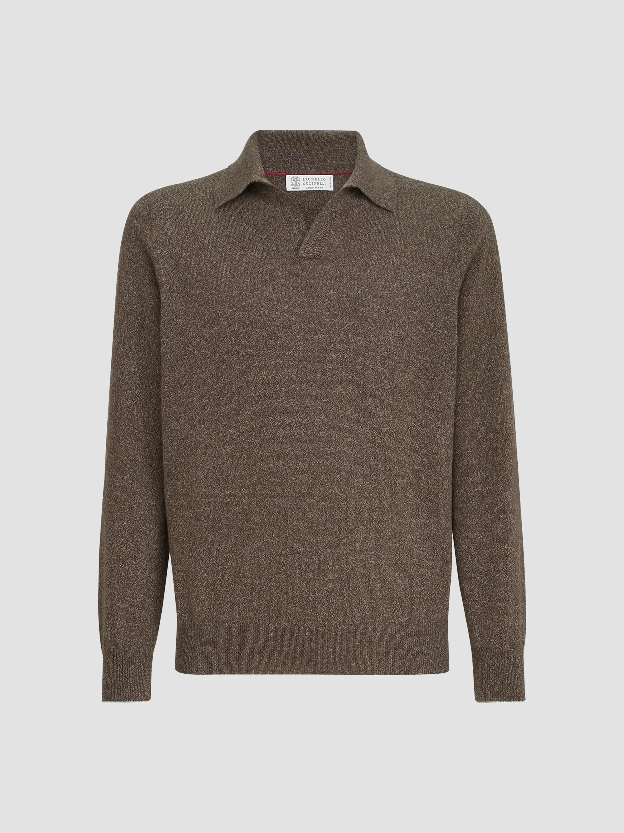 Men's Mouliné Cashmere Knit Polo Shirt - Brown - 1