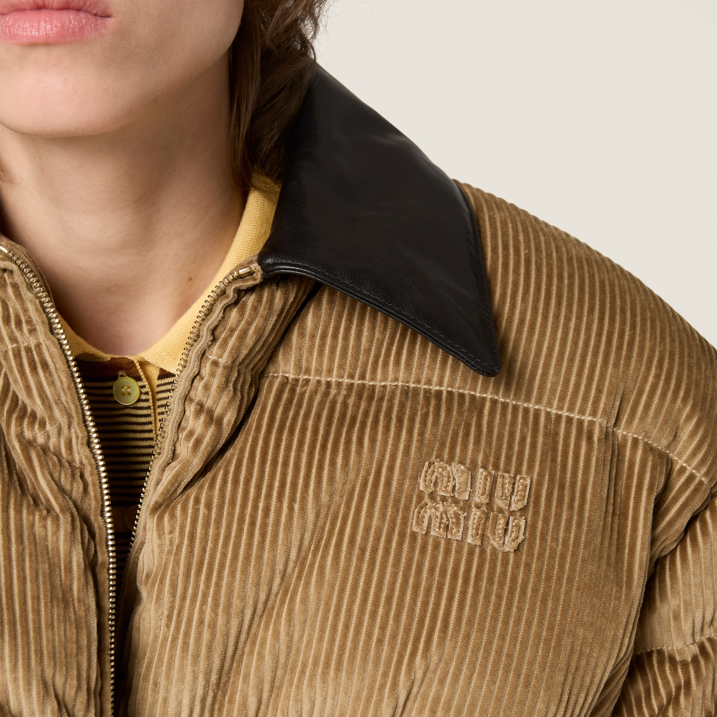 Corduroy and nappa leather down jacket - 5
