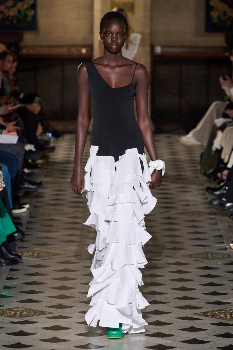 MAXI DRESS WITH LASER CUT DECORATIVE ELEMENTS BLACK AND WHITE 1