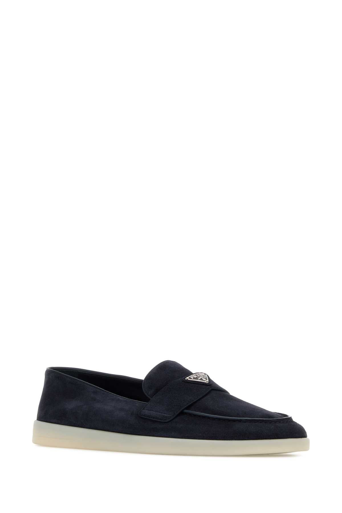 Prada Men Navy Blue Suede Loafers - 2