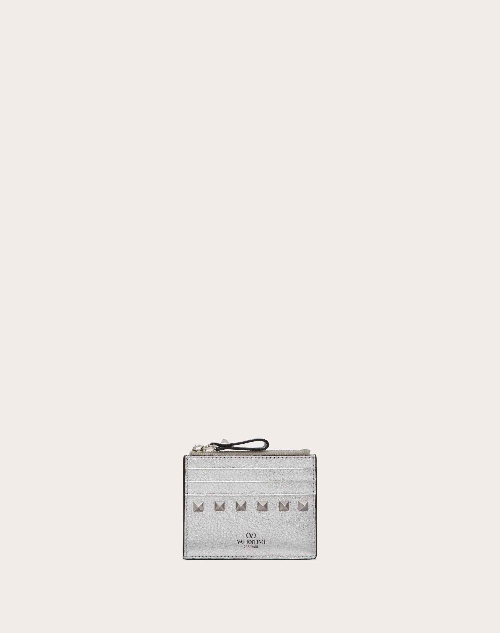 ROCKSTUD GRAINY METALLIC CALFSKIN CARD HOLDER WITH ZIPPER - 1