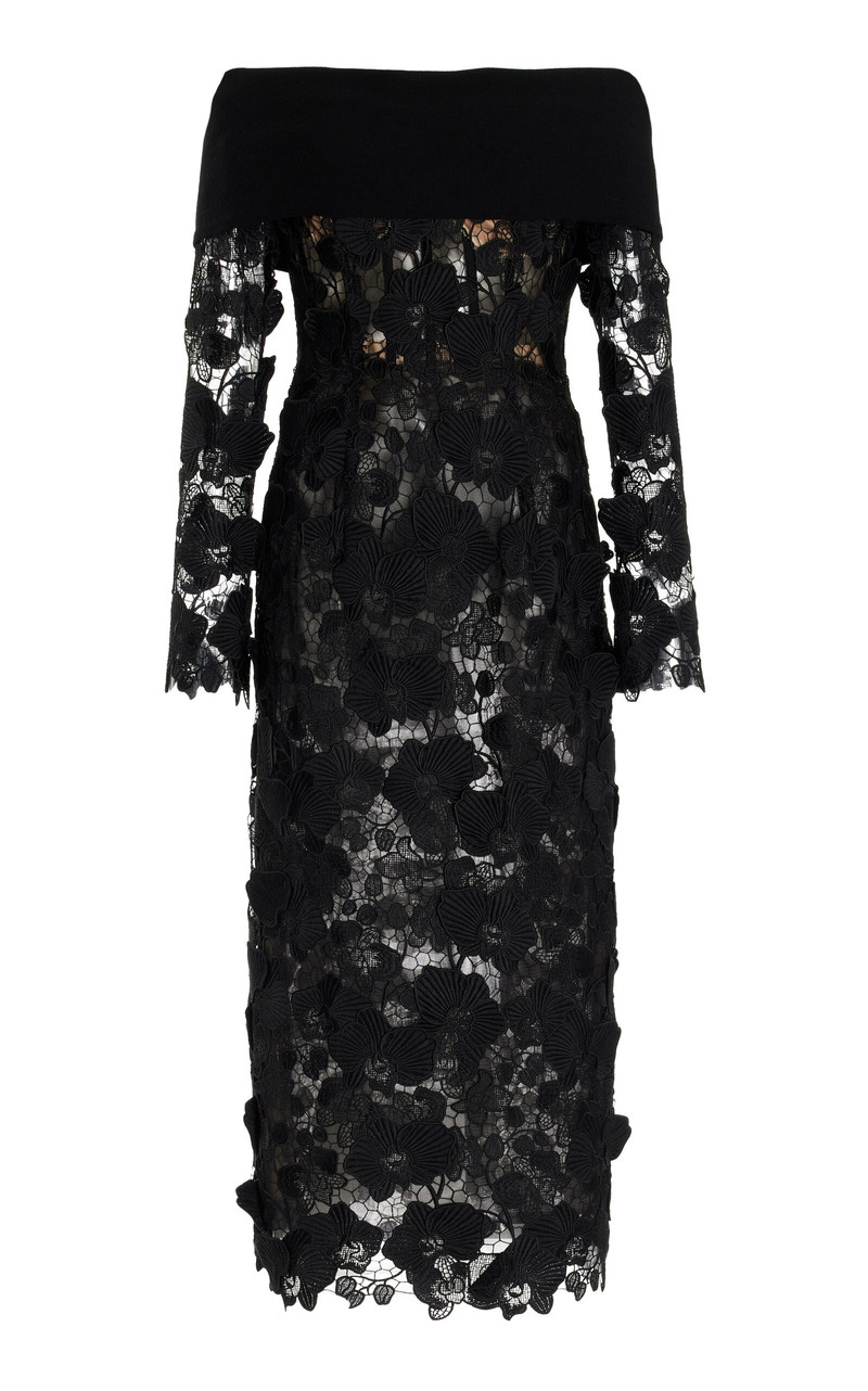 Off Shoulder Orchid Guipure & Knit Dress black - 1