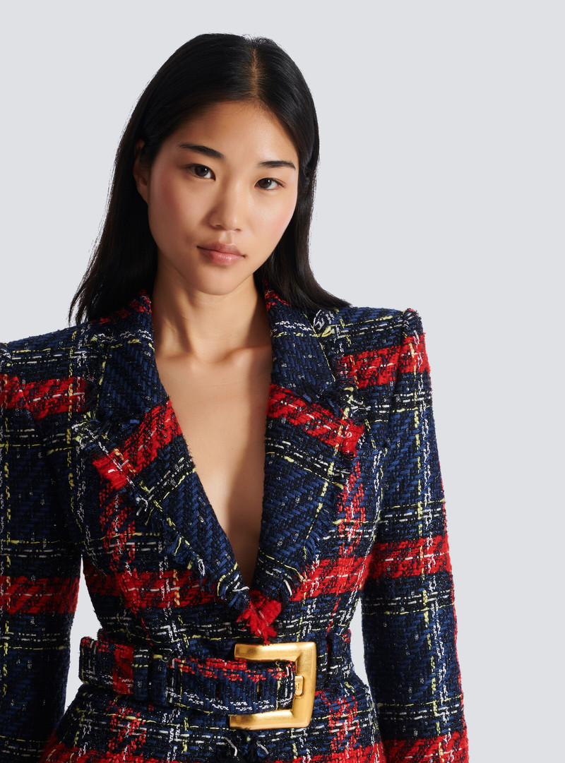 Belted plaid tweed jacket 7
