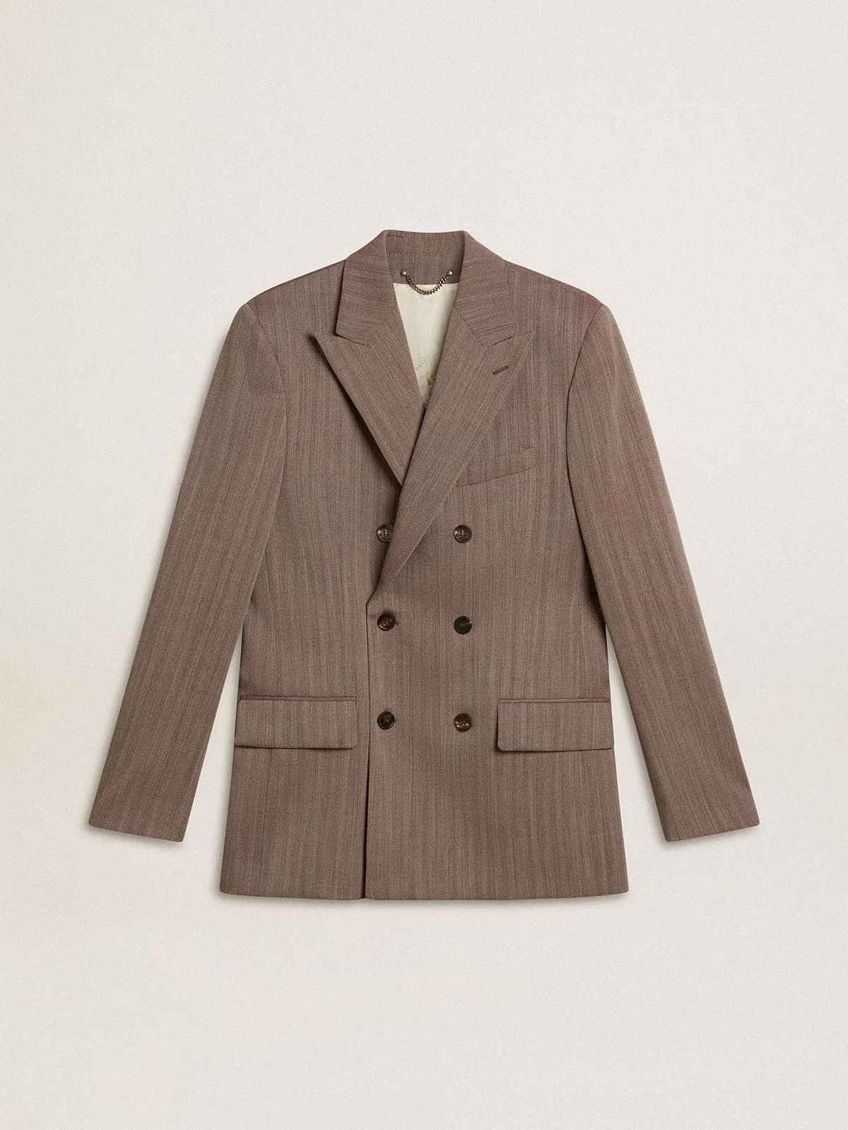 Men's beige chevron wool blend double-breasted blazer - 1
