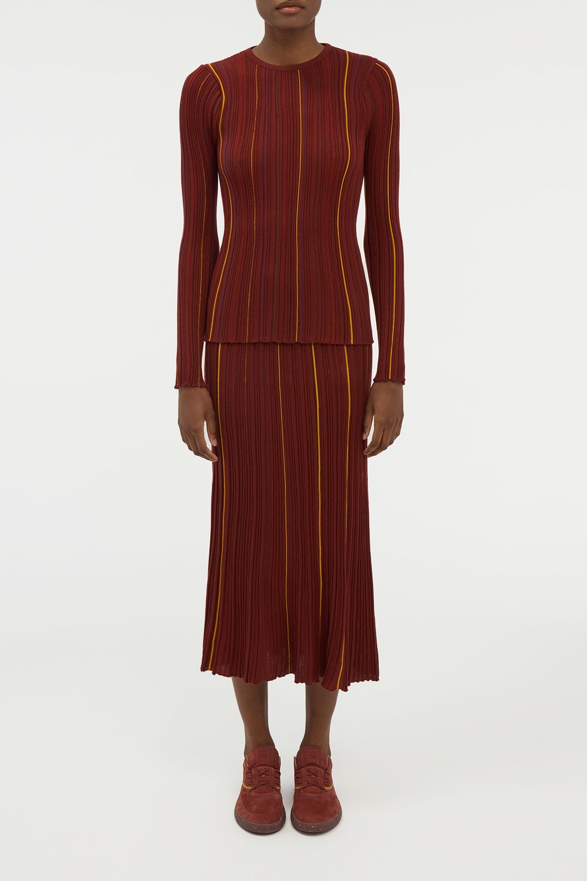 Augie Pinstripe Knit Sweater in Burnt Sienna Merino Wool - 2