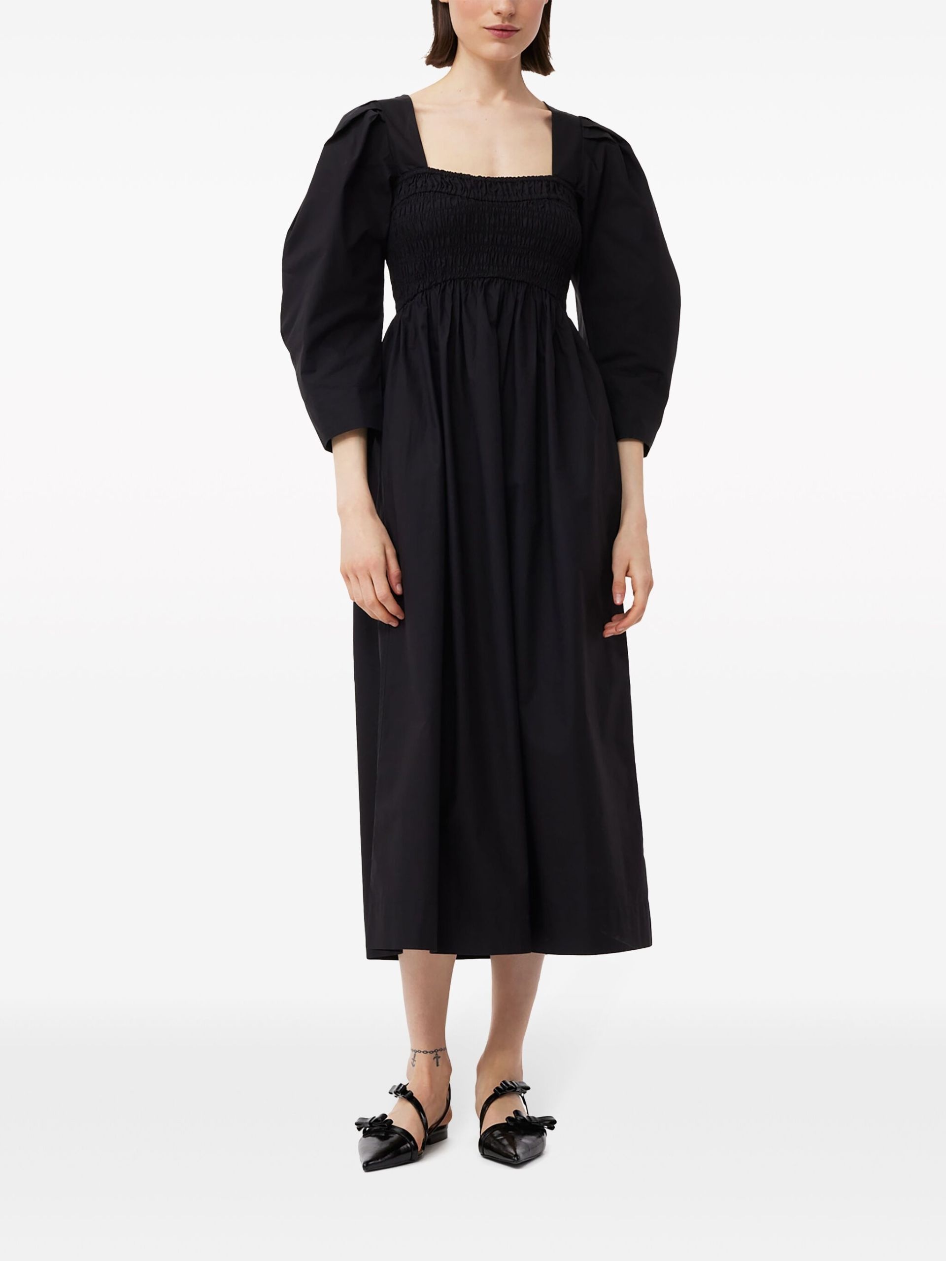 Black Puff-Sleeve Midi Dress - 2
