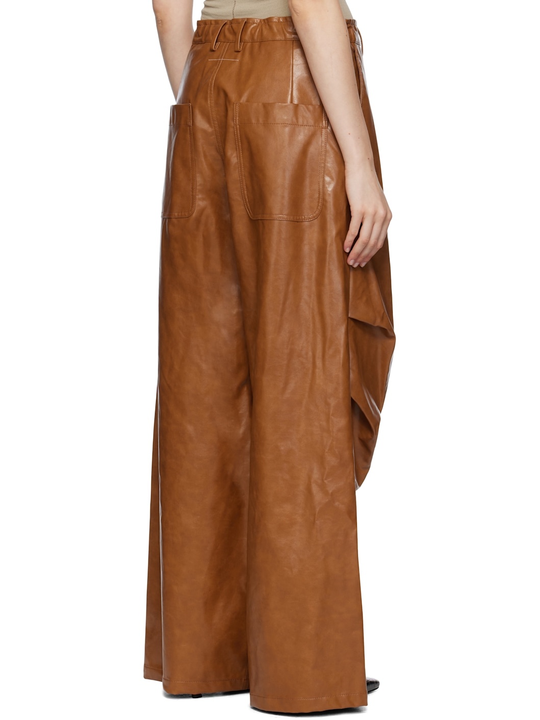 Brown Draped Faux-Leather Trousers - 3