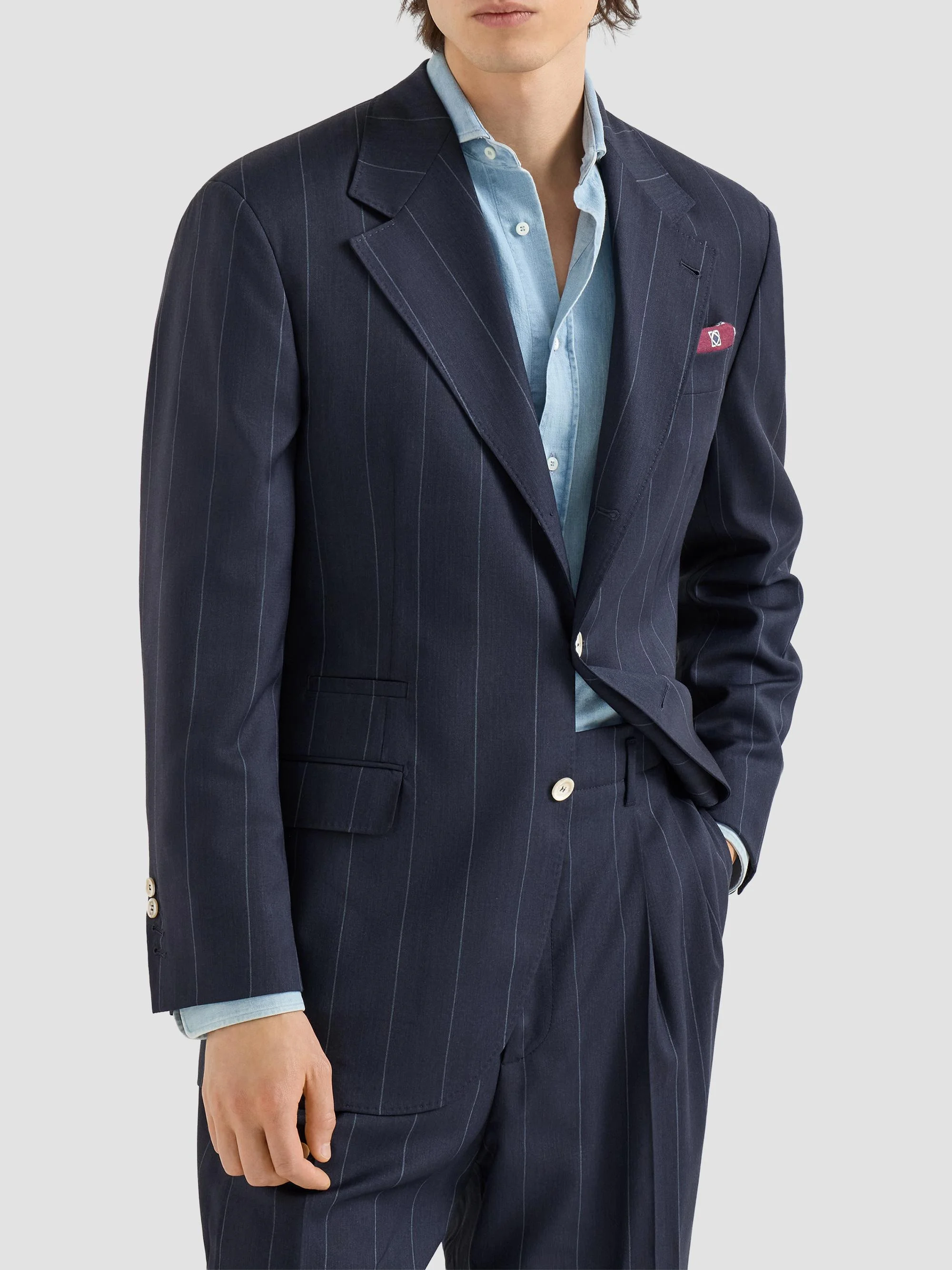 Men's Virgin Wool Chalk Stripe Tailor Blazer - Navy Blue - 1