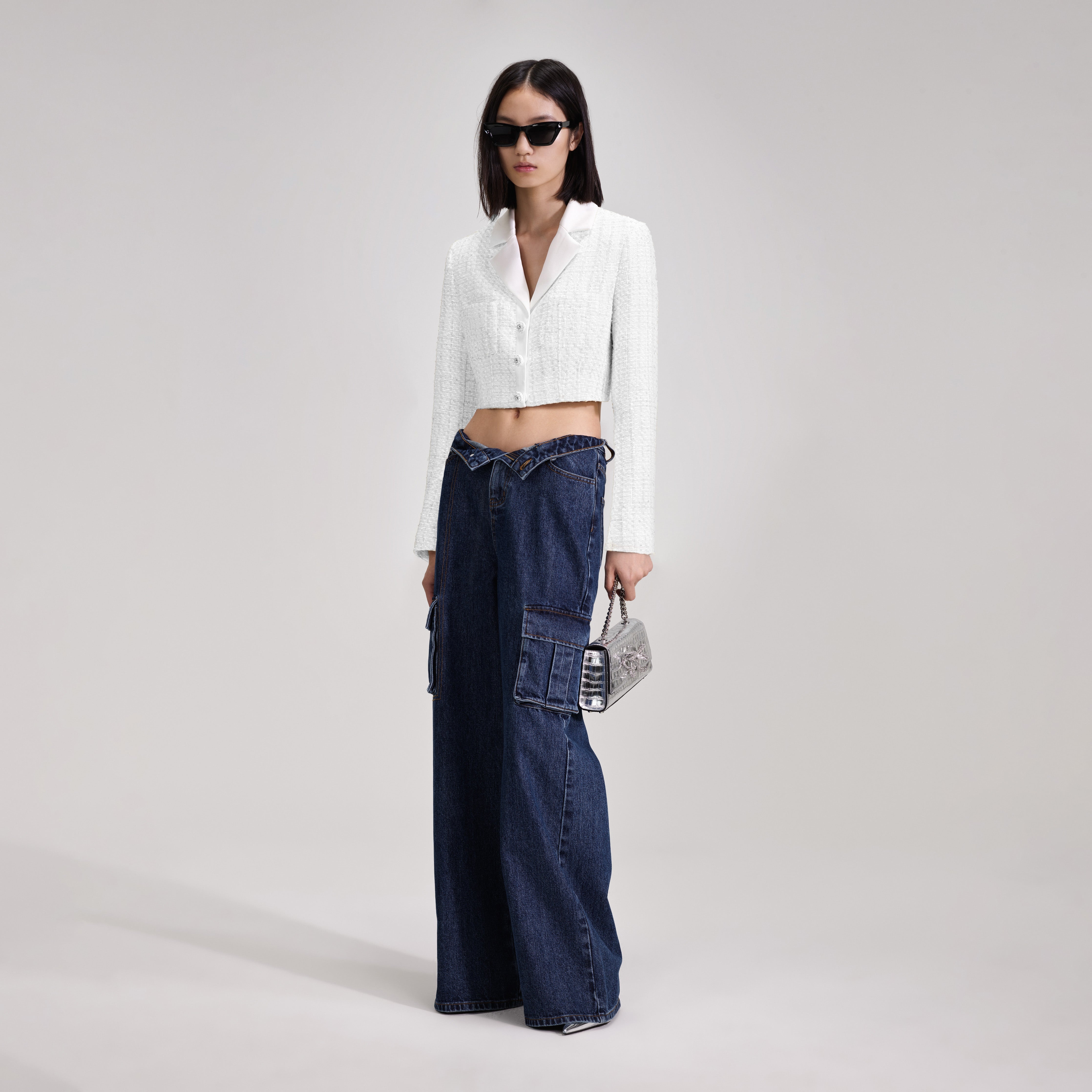White Boucle Crop Jacket - 2