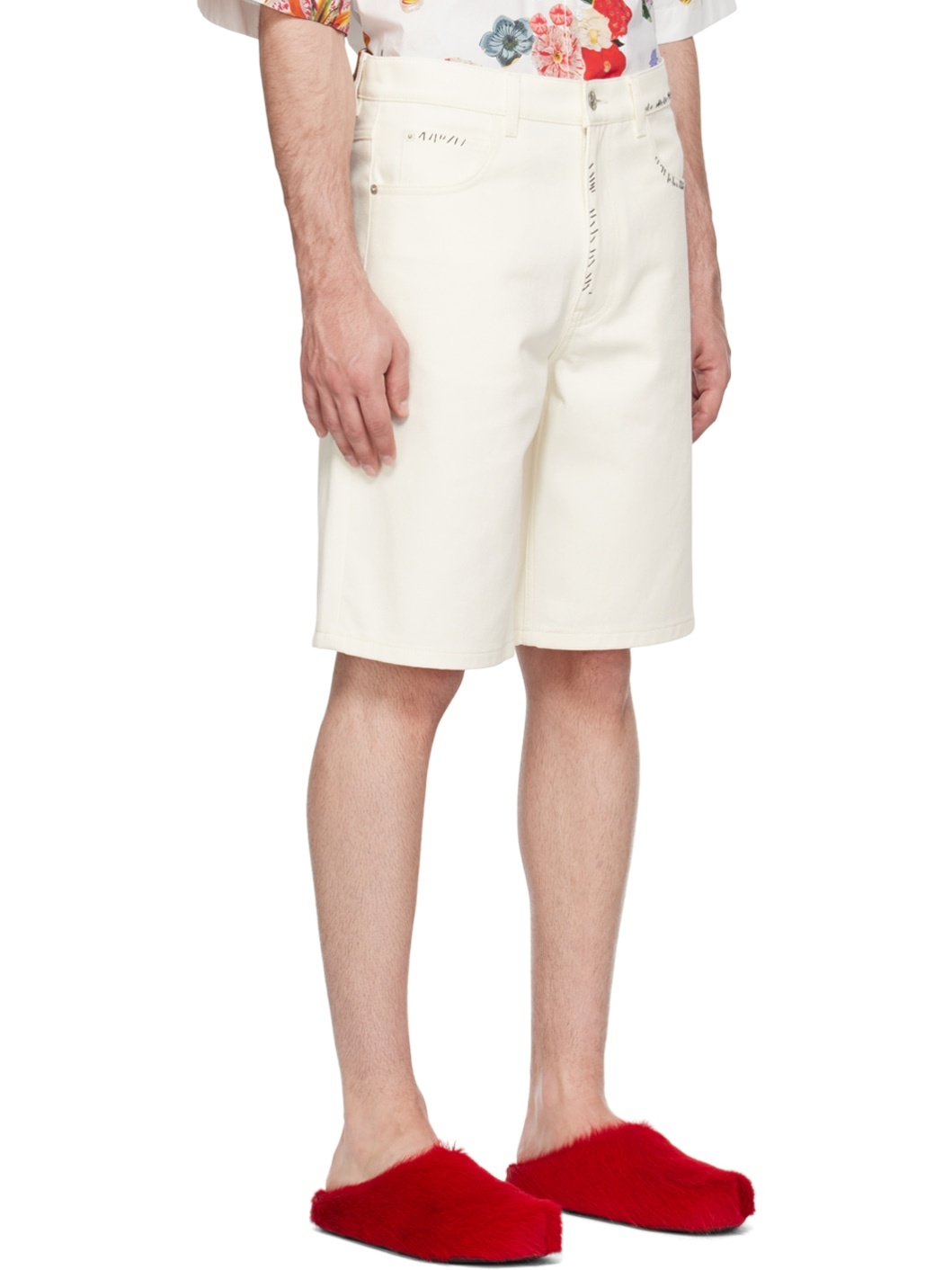 White Embroidered Denim Shorts - 2