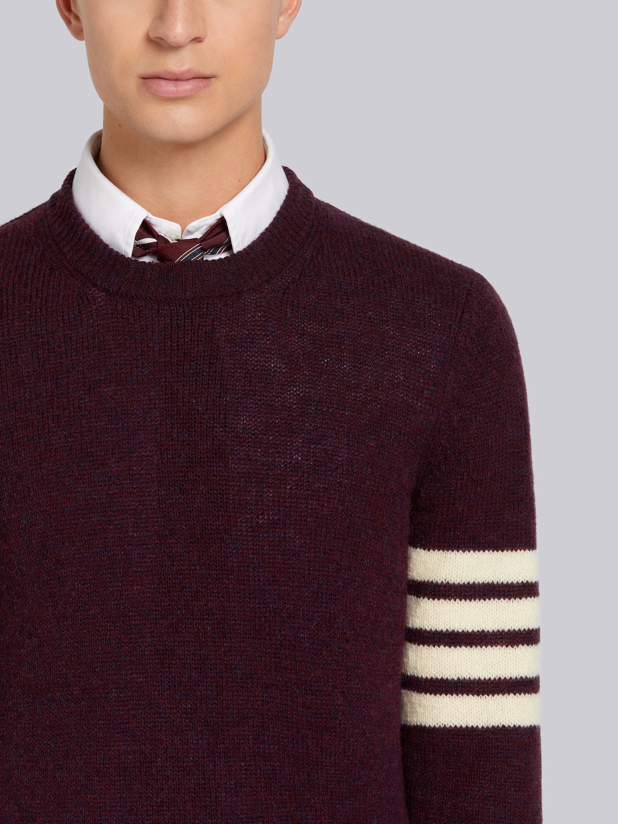 Dark Red Shetland Wool Jersey Stitch 4-Bar Stripe Classic Crew Neck Pullover - 5