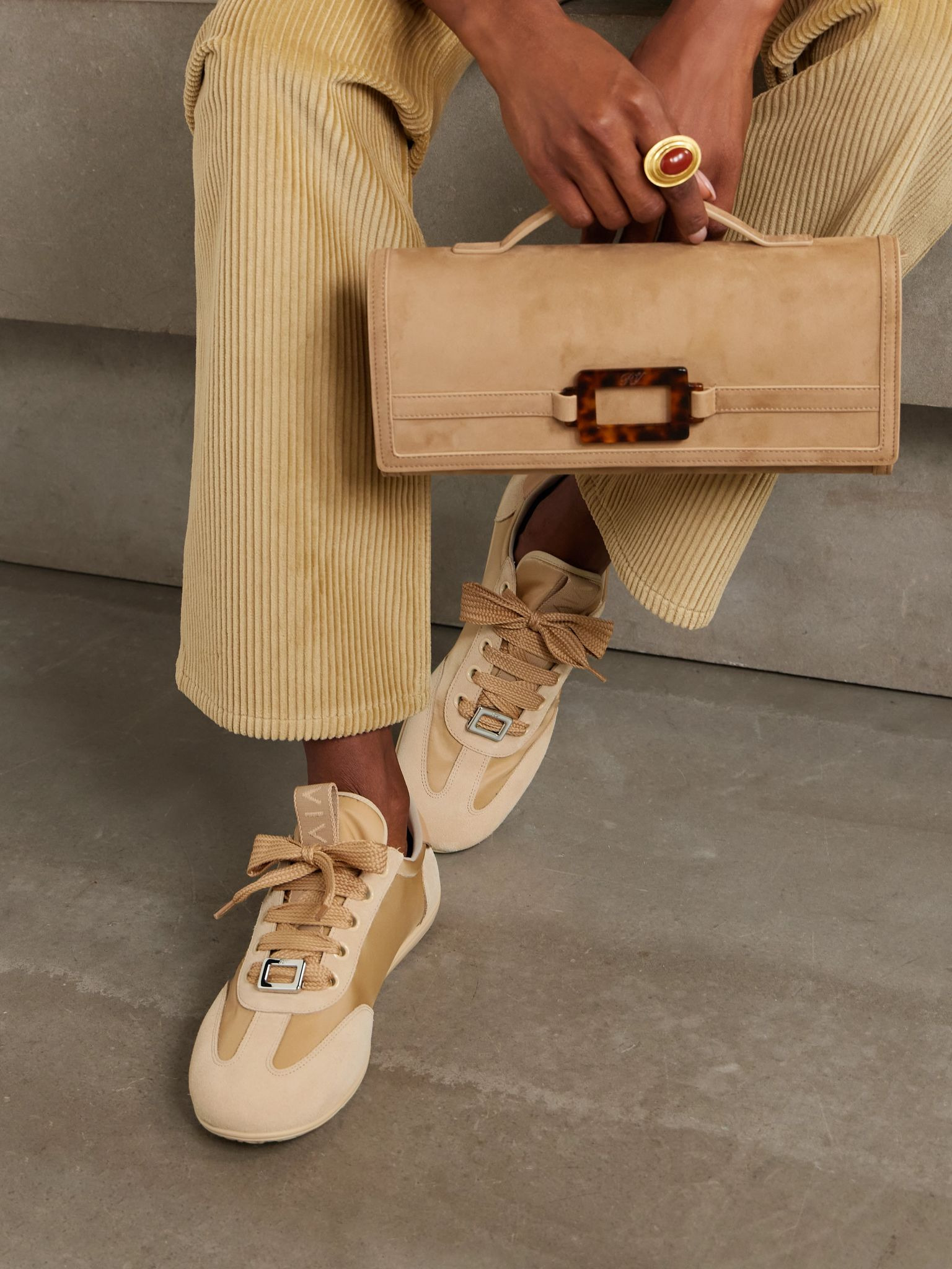 Leather-trimmed suede and embroidered canvas sneakers Beige - 2