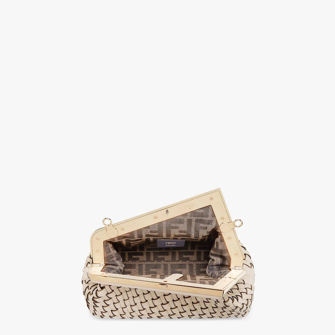 Small Fendi First bag made of finely braided beige leather, with oversized metal F clasp bound in to - 4