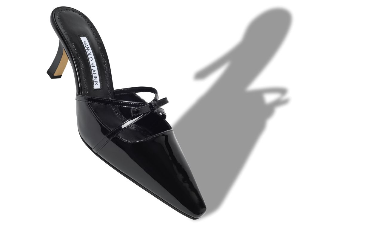 Black Patent Leather Bow Detail Mules - 2