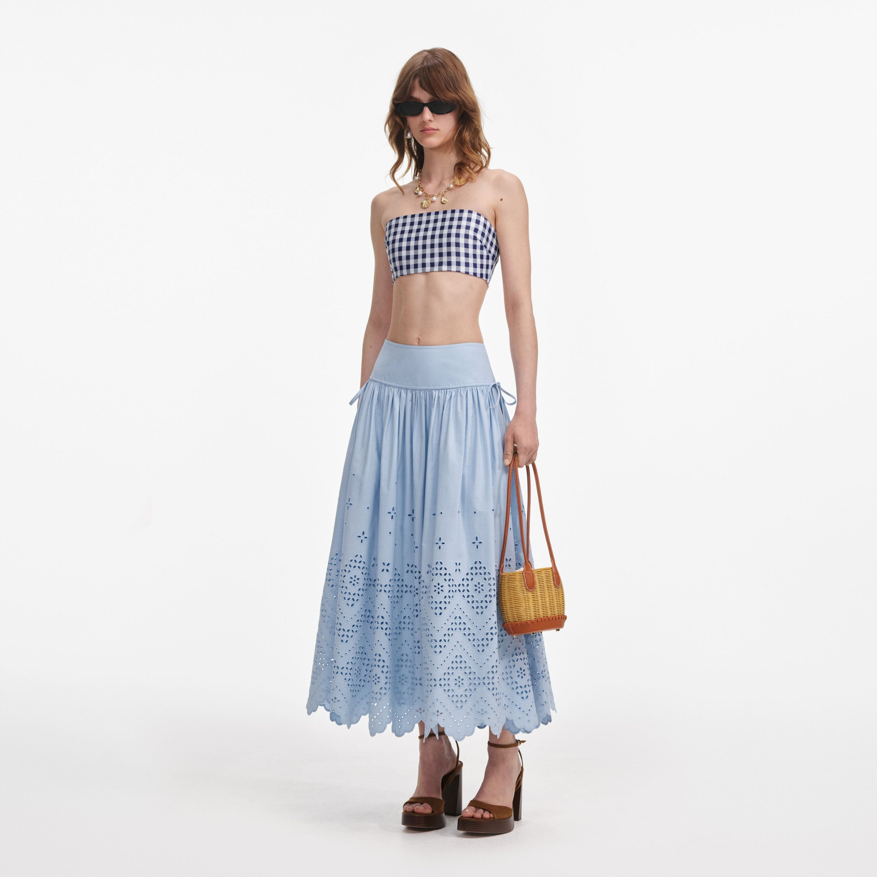 Blue Cotton Broderie Midi Skirt - 2