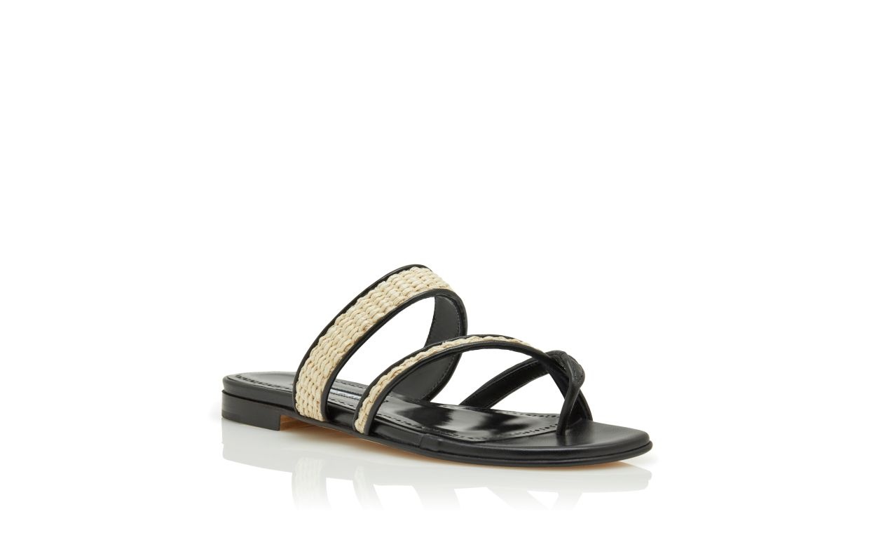 Black and Beige Raffia Flat Sandals - 3