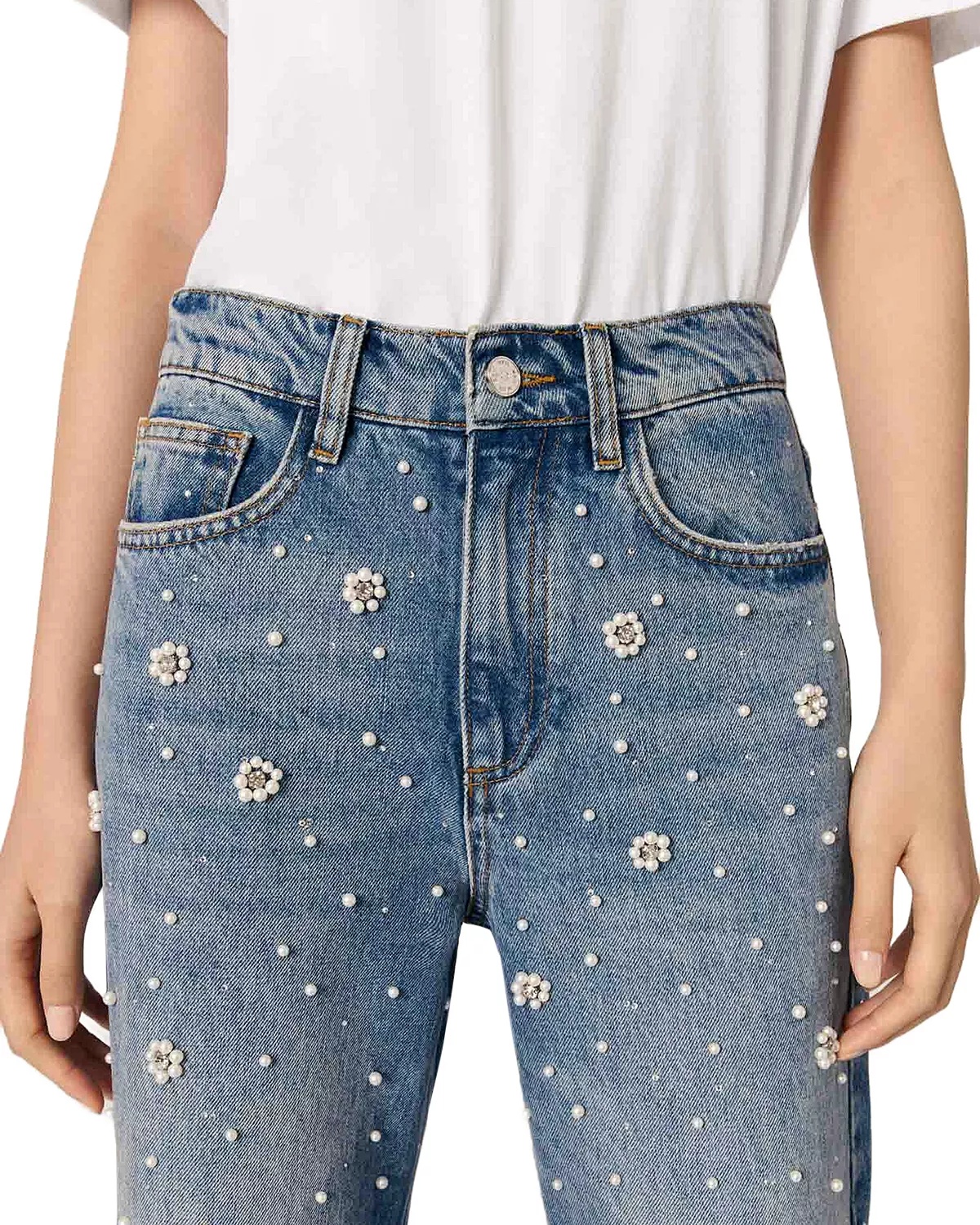 Embellished High Rise Wide Leg Jeans in Blue - 7