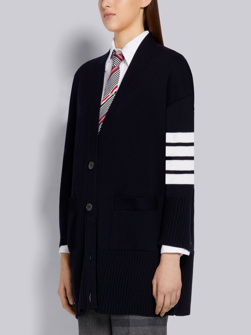 Thom Browne Navy Fine Merino Wool 4-Bar Exaggerated Fit V-Neck Cardigan outlook