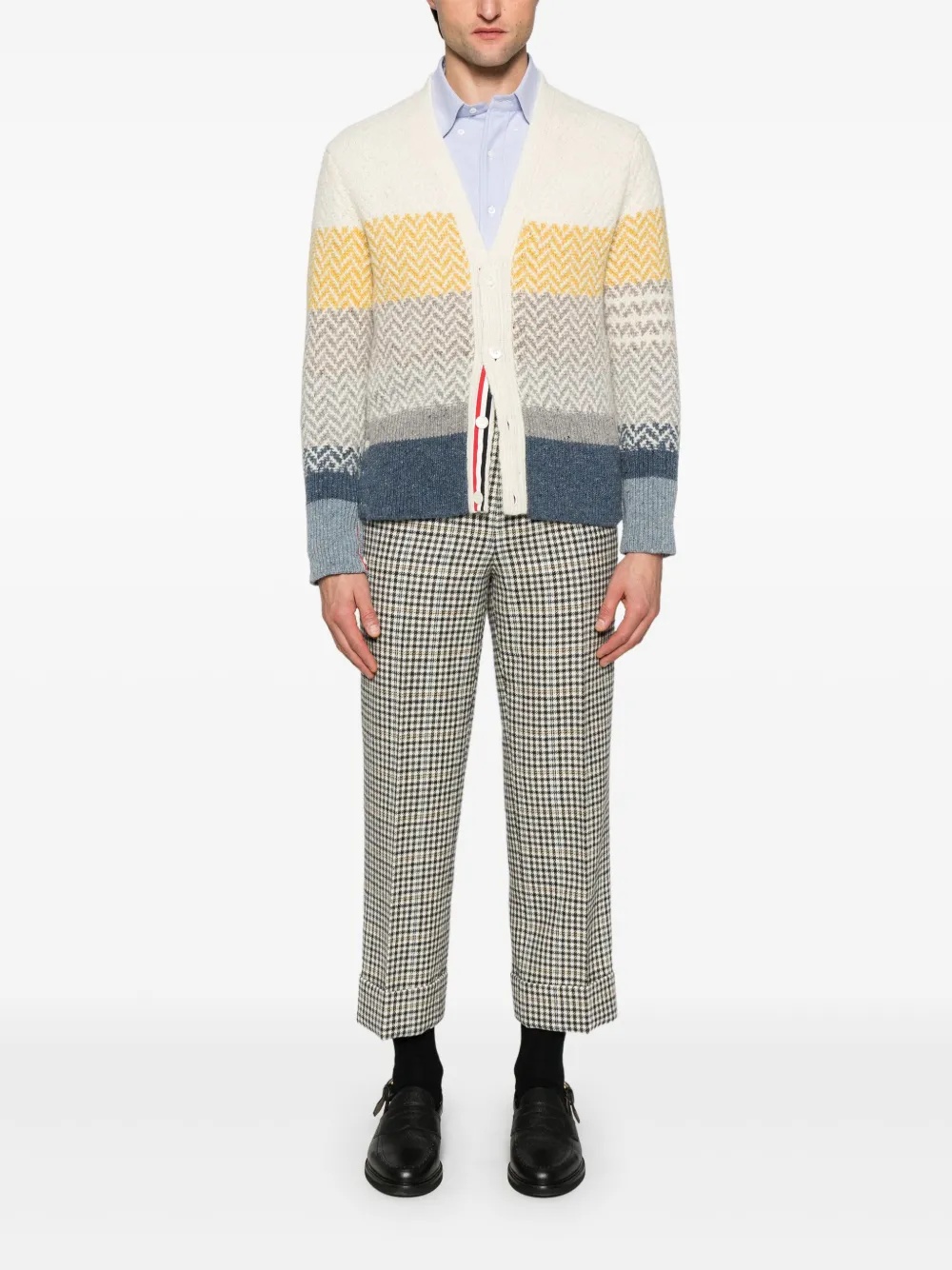 THOM BROWNE - Men Striped Herringbone Jacquard Classic V Neck Knitwear - 1