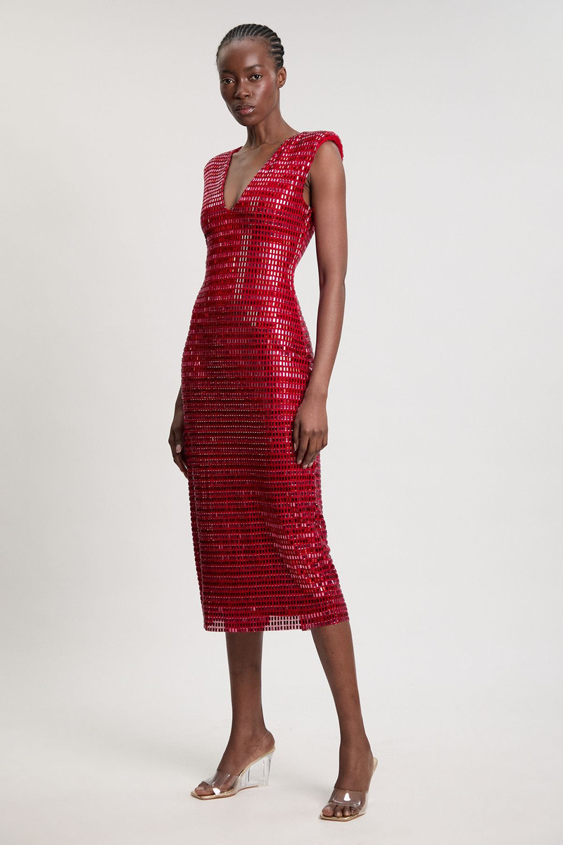 Premium Crystal Embellished Jersey Sleeveless Plunge Neck Midi Dress 1