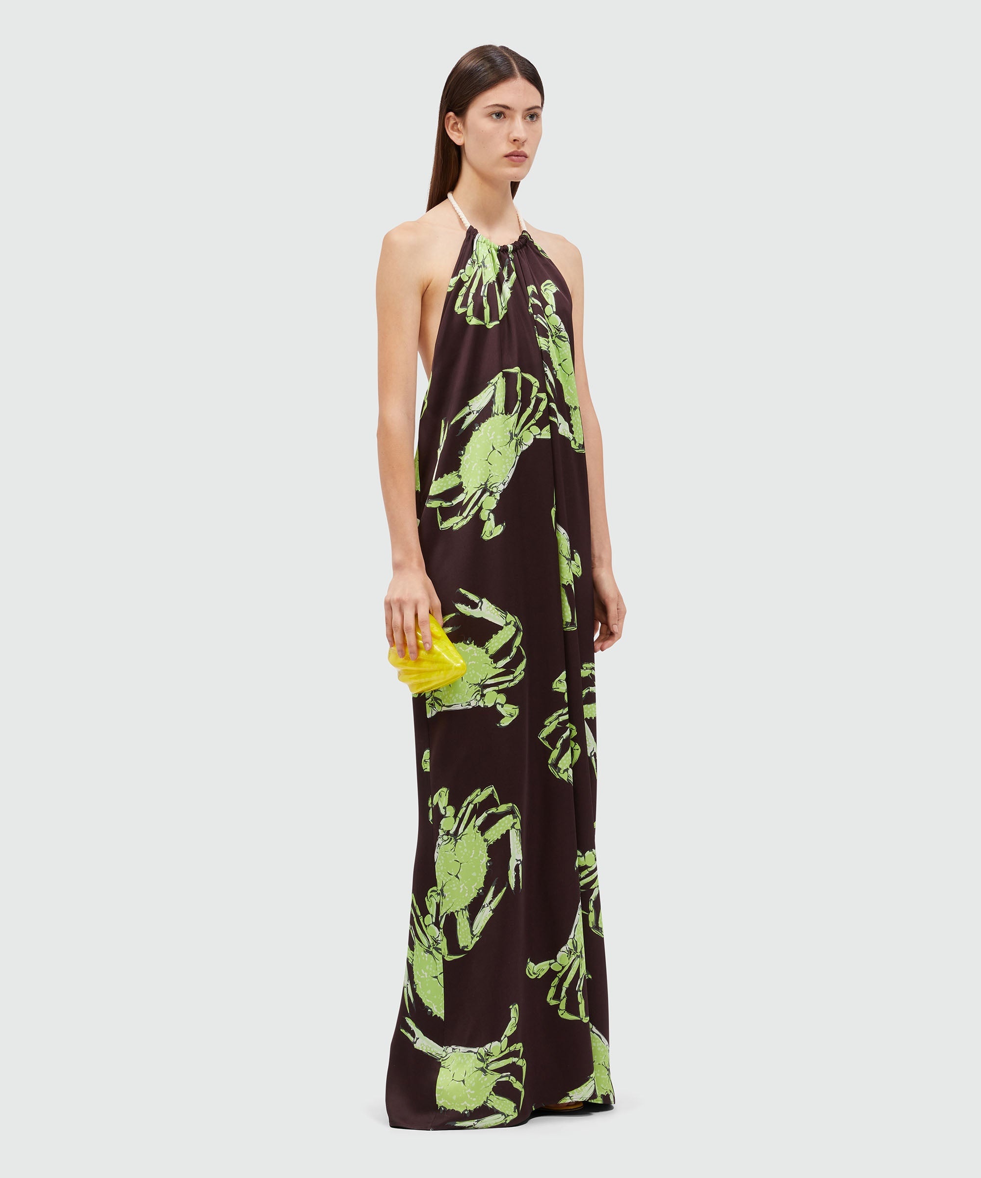 Long black satin dress with "King crab" print - 4