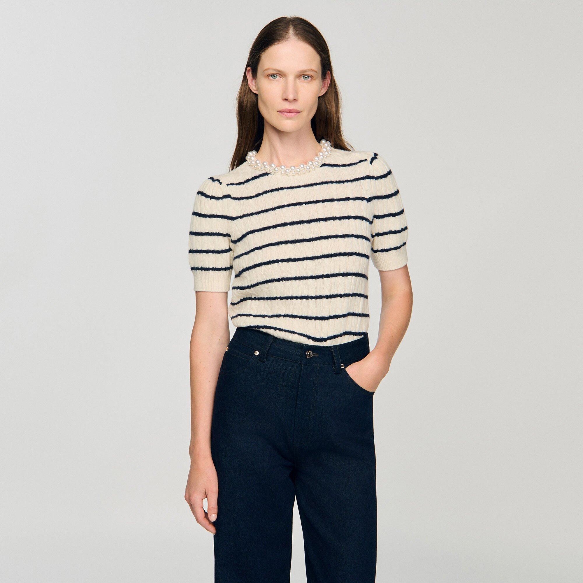 STRIPED SWEATER WITH PEARL COLLAR - 4