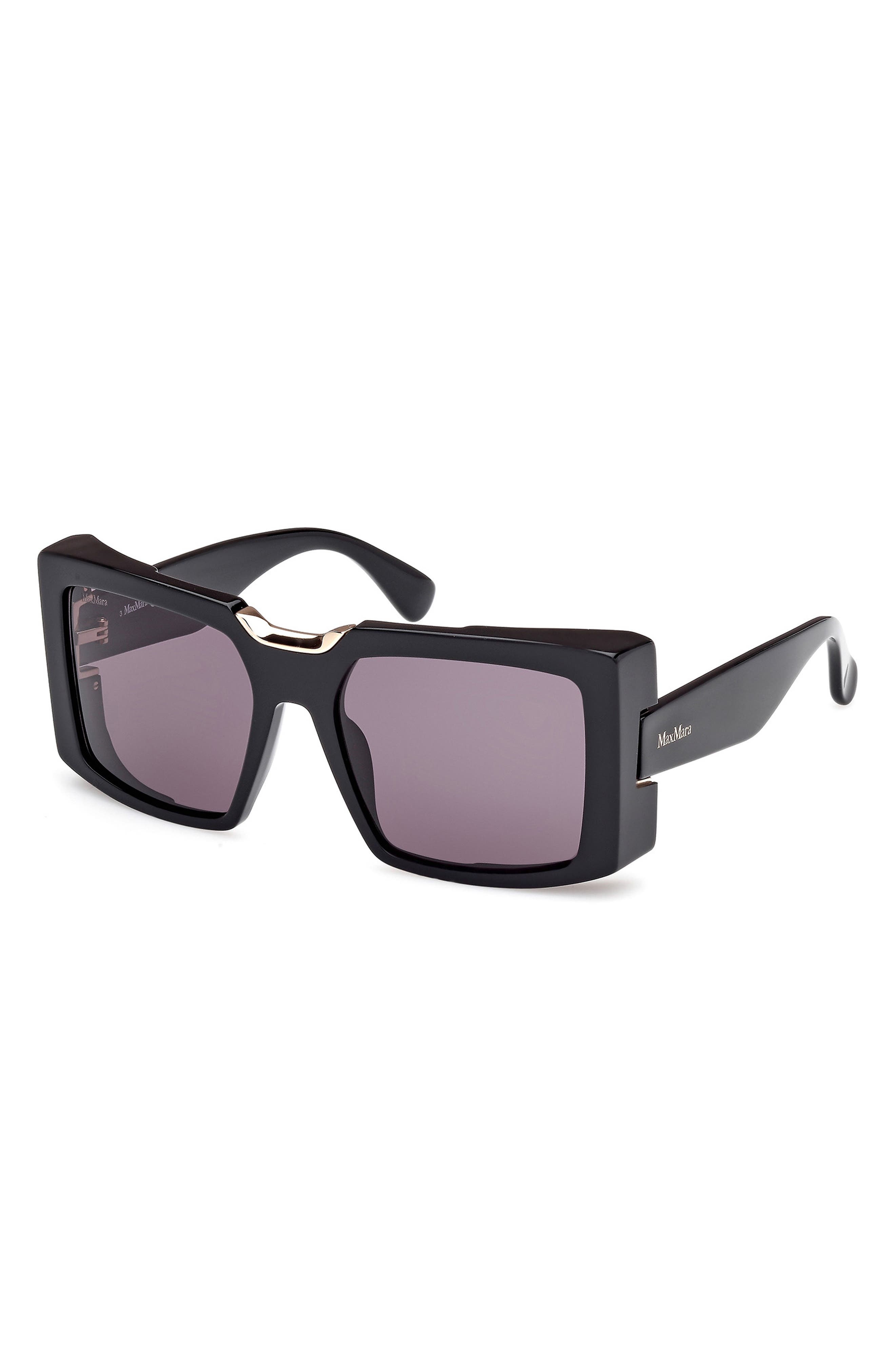 Max Mara 55mm Rectangular Sunglasses in Black/Shiny Pale Gold /Smoke at Nordstrom - 2