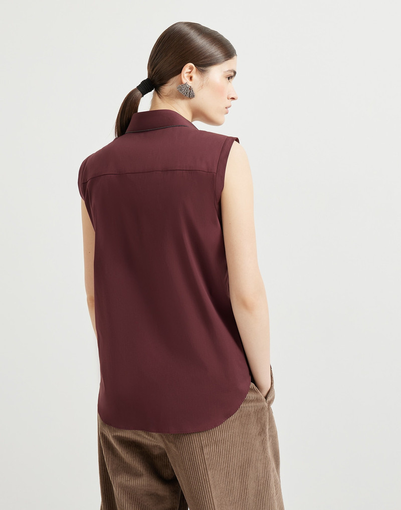 Brunello Cucinelli Stretch cotton poplin sleeveless shirt with shiny trim outlook