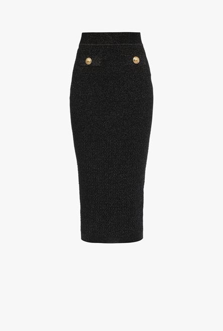 Long black knit and lurex high-waisted skirt with gold-tone buttons - 1