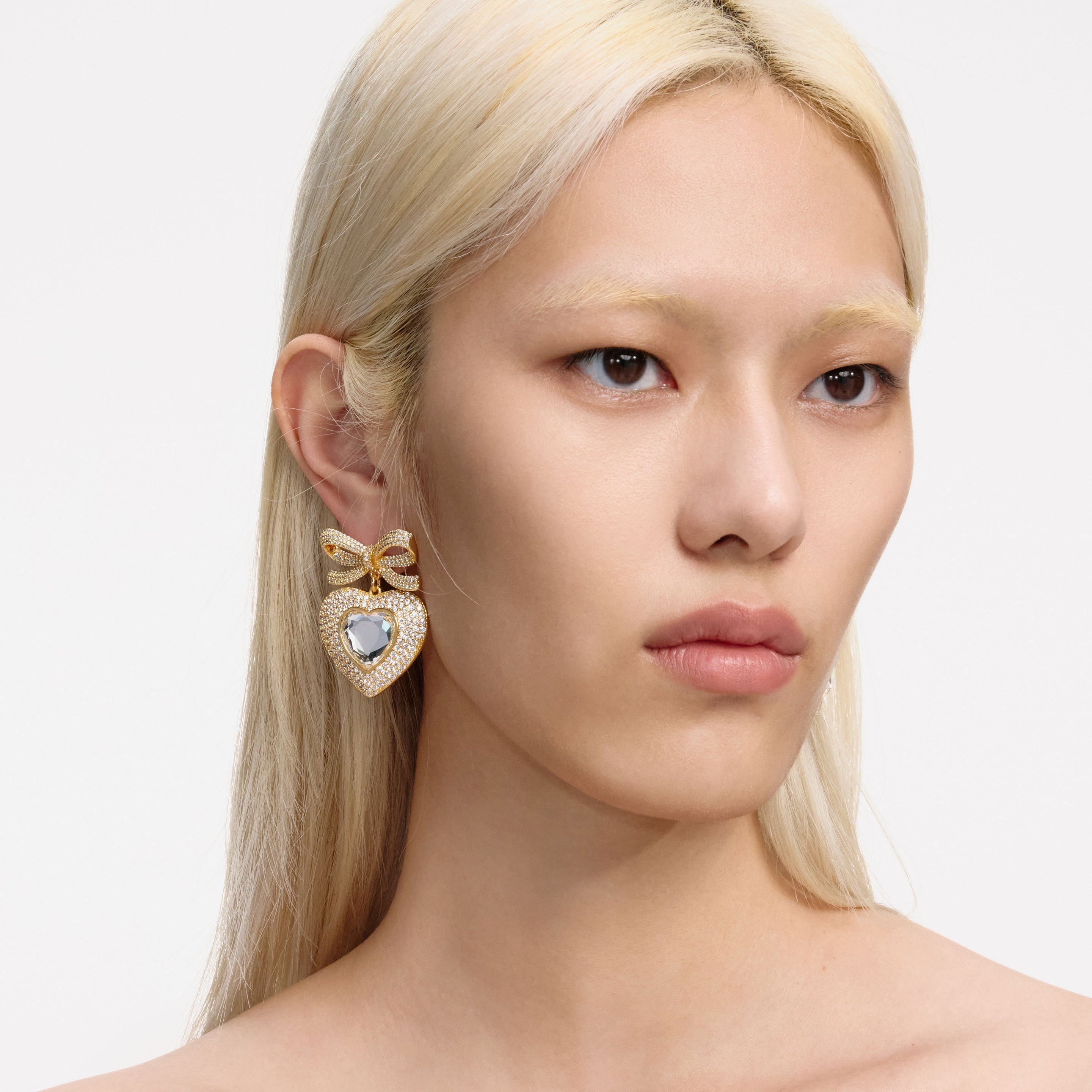 Gold Bow Crystal Heart Earrings - 3