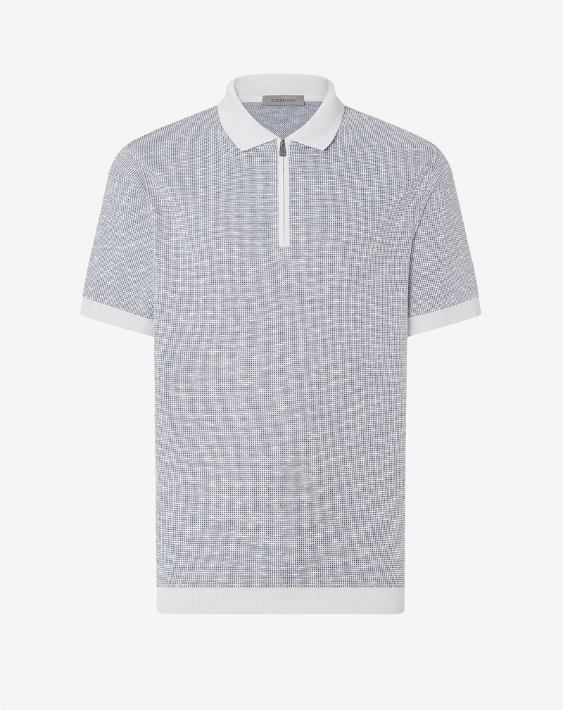 Navy blue and white zipped cotton polo shirt 1