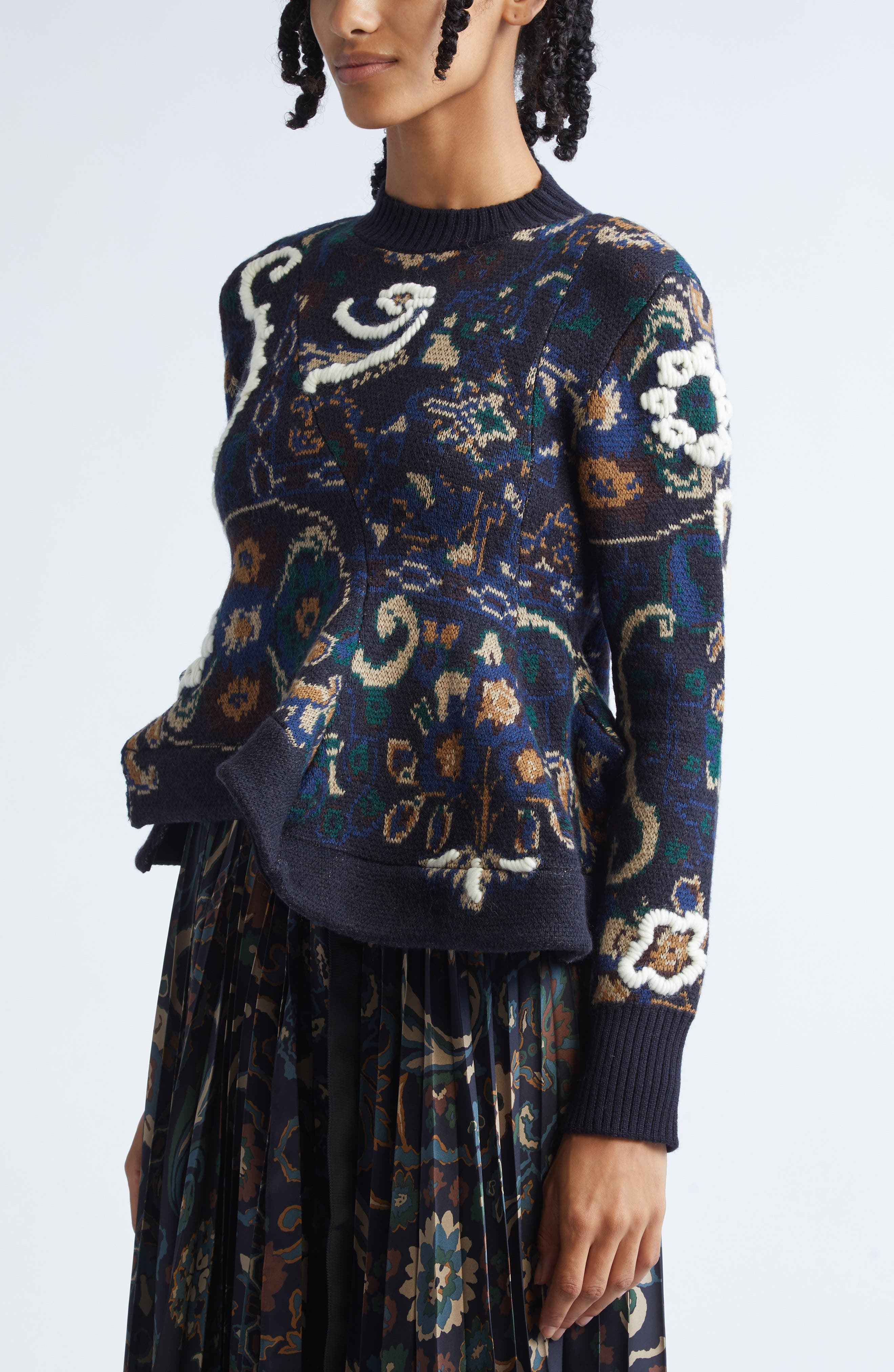 Sacai Floral Jacquard Asymmetric Wool Sweater in Navy at Nordstrom - 5