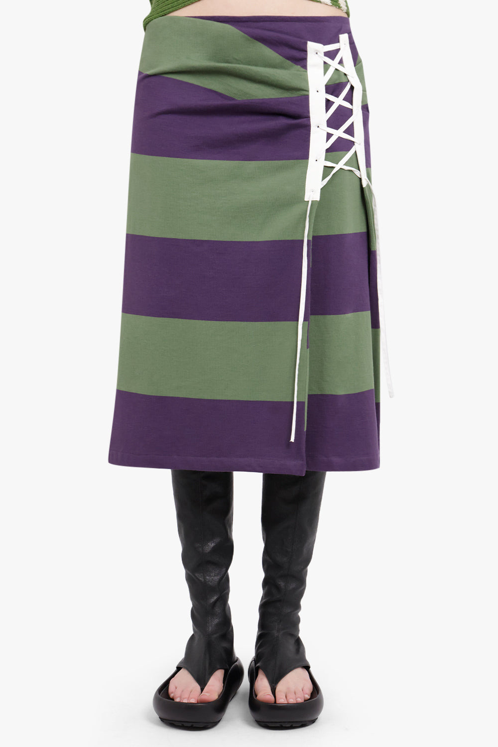 CROSS STITCH TIE SIDE DETAIL STRIPE MIDI SKIRT | DARK PURPLE - 3