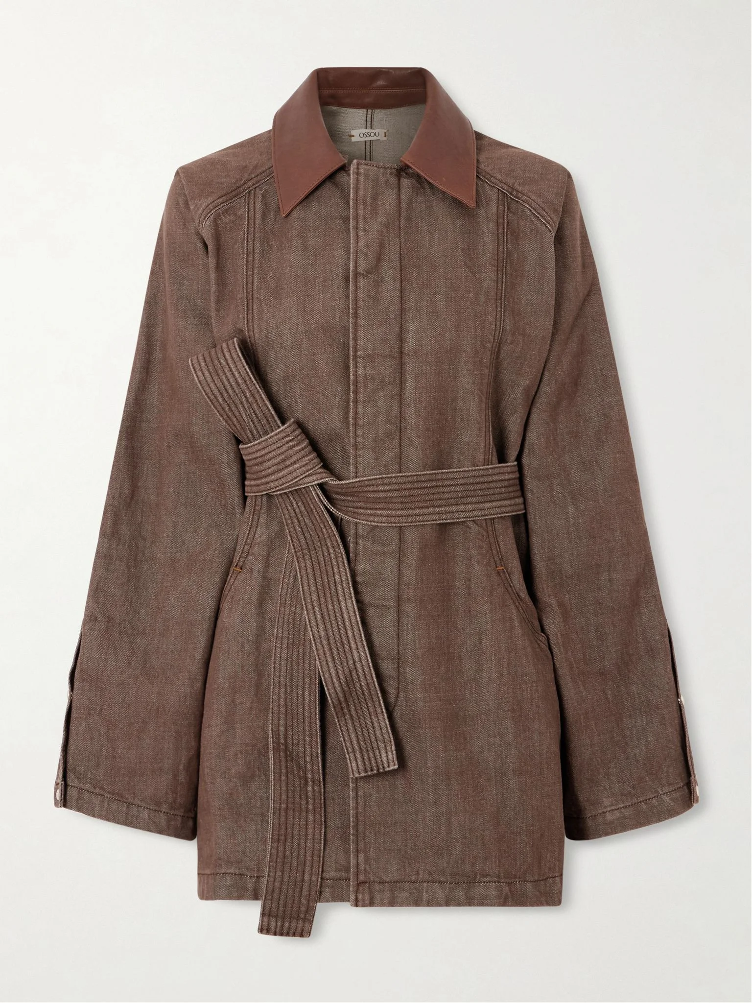 Sweep belted leather-trimmed denim jacket Brown - 1