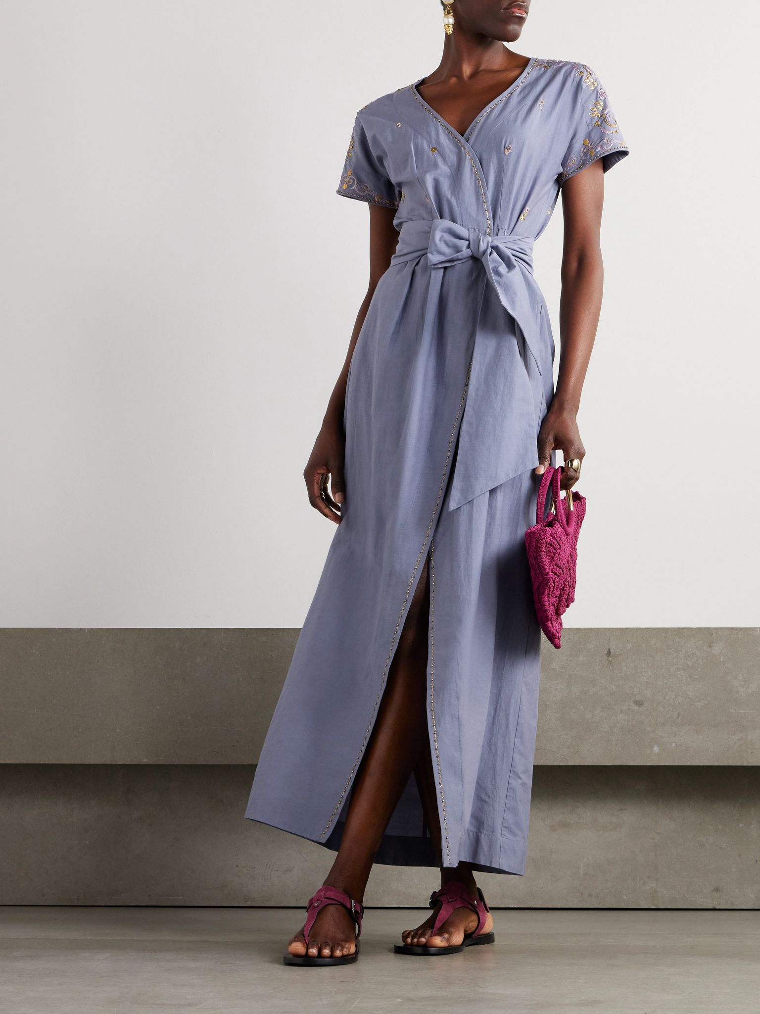 Embellished embroidered cotton and silk-blend maxi wrap dress Blue - 3
