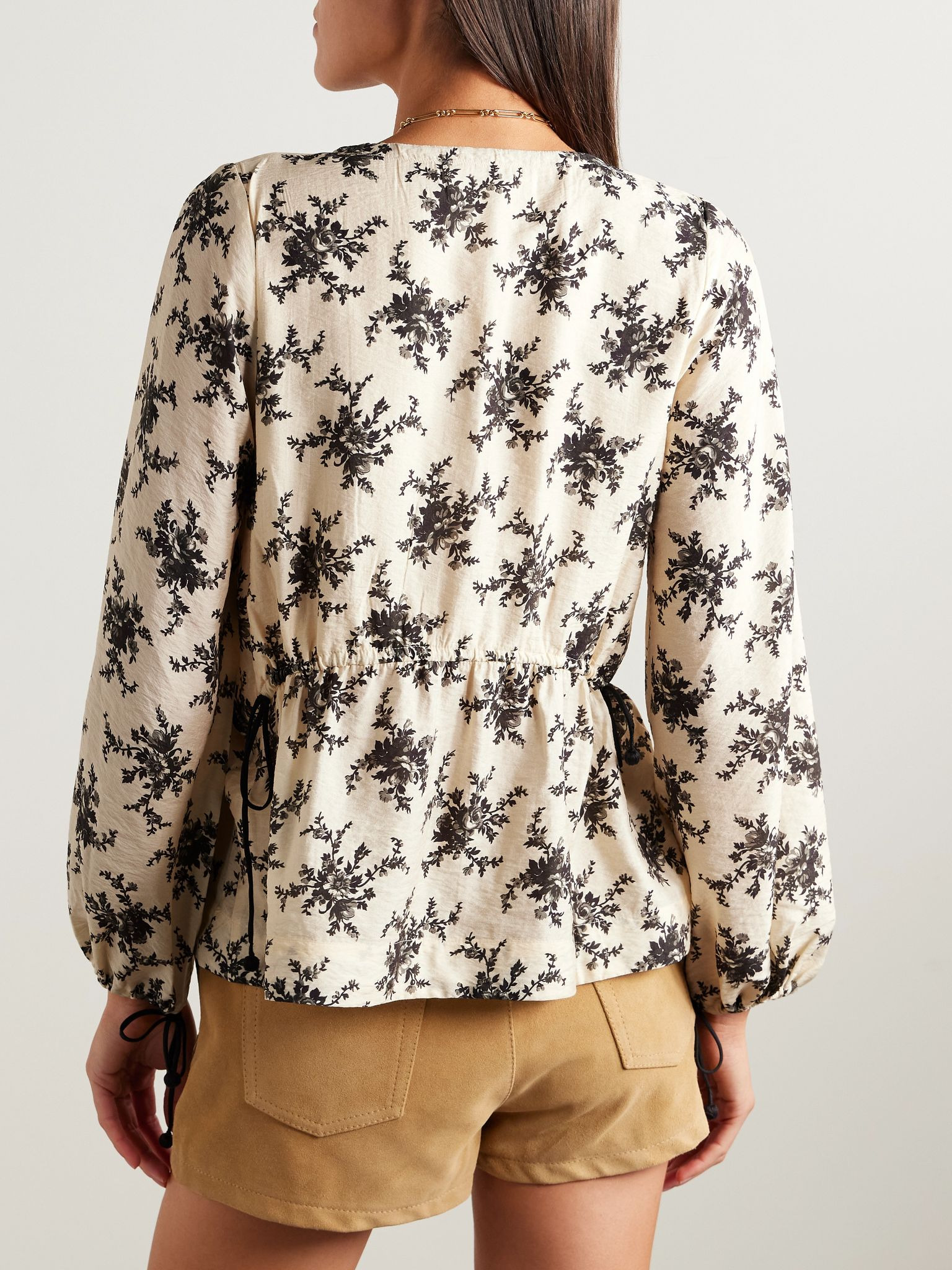 Joan tie-detailed floral-print voile top Cream - 3