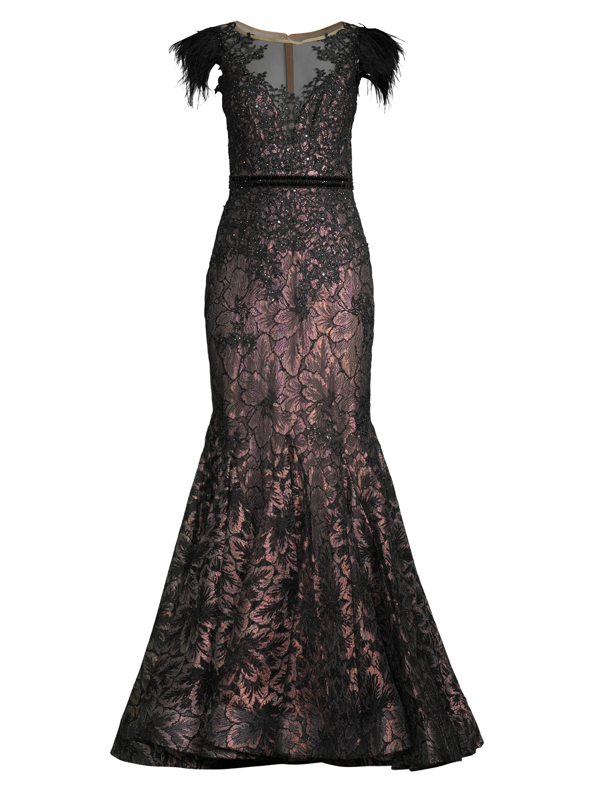Women's Velvet Floral Applique Mermaid Gown - Black - 1