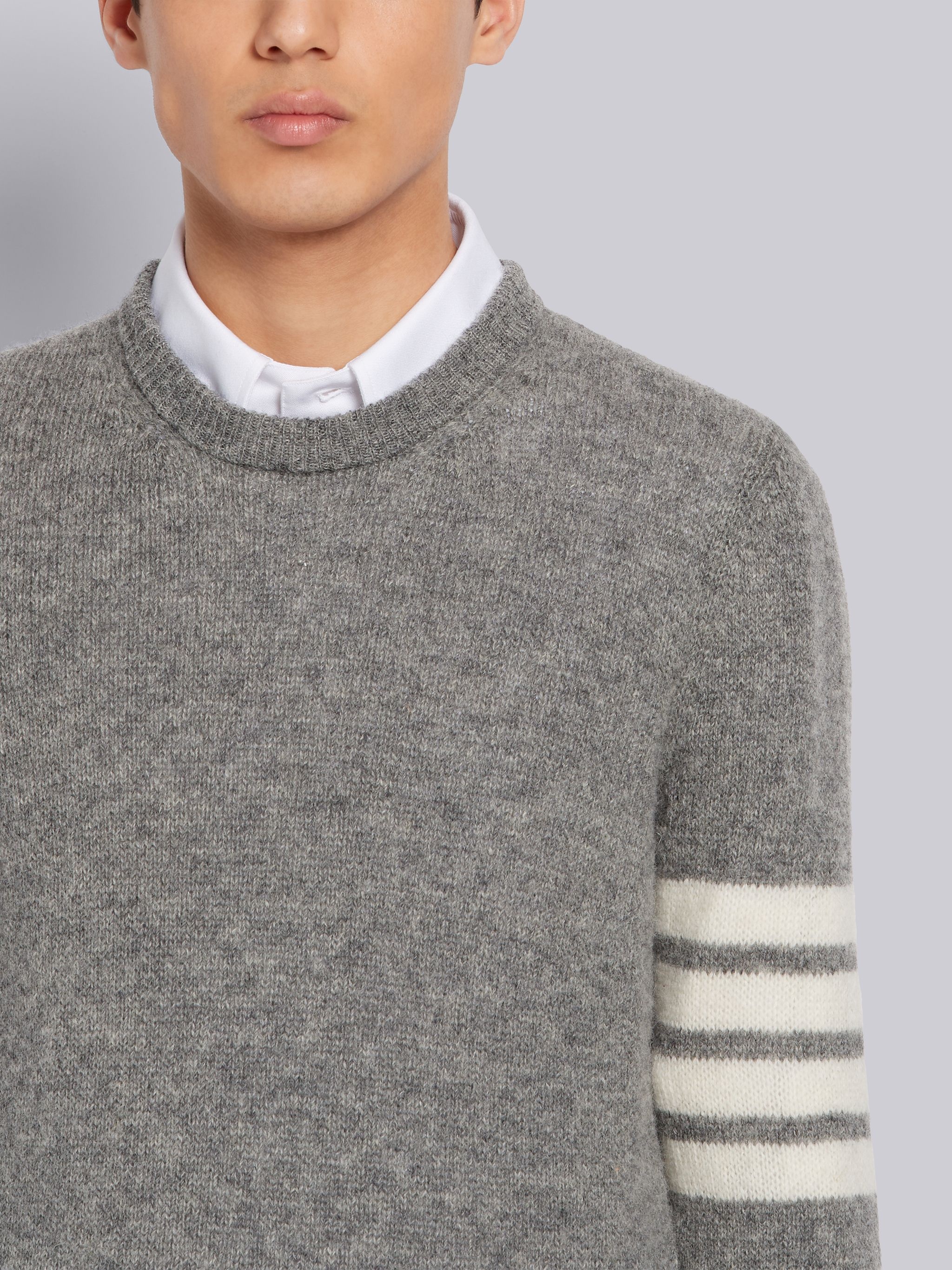 Light Grey Shetland Wool Jersey 4-Bar Classic Crew Neck Pullover - 5