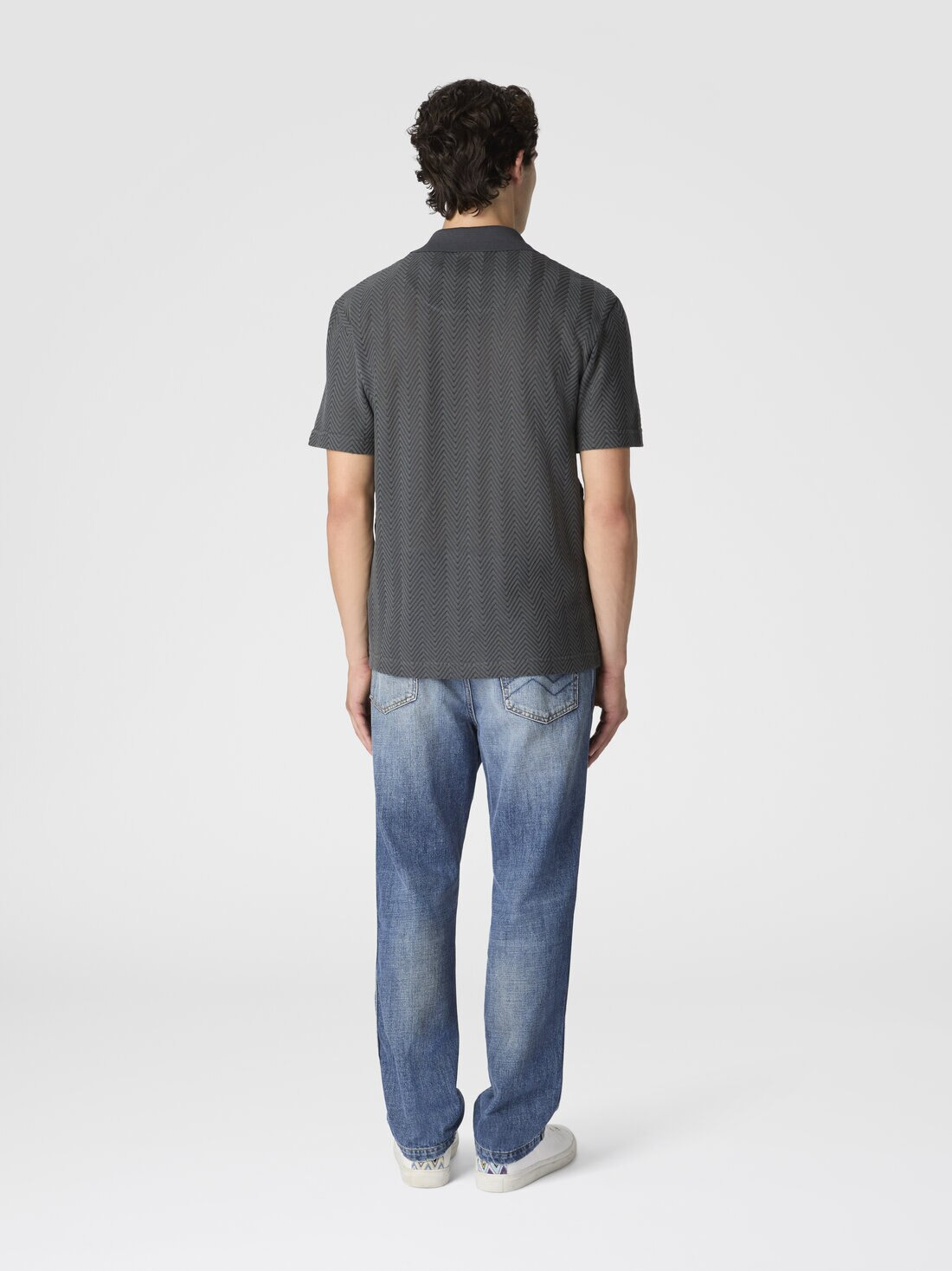 Cotton and viscose polo shirt with tone-on-tone zigzag - 3