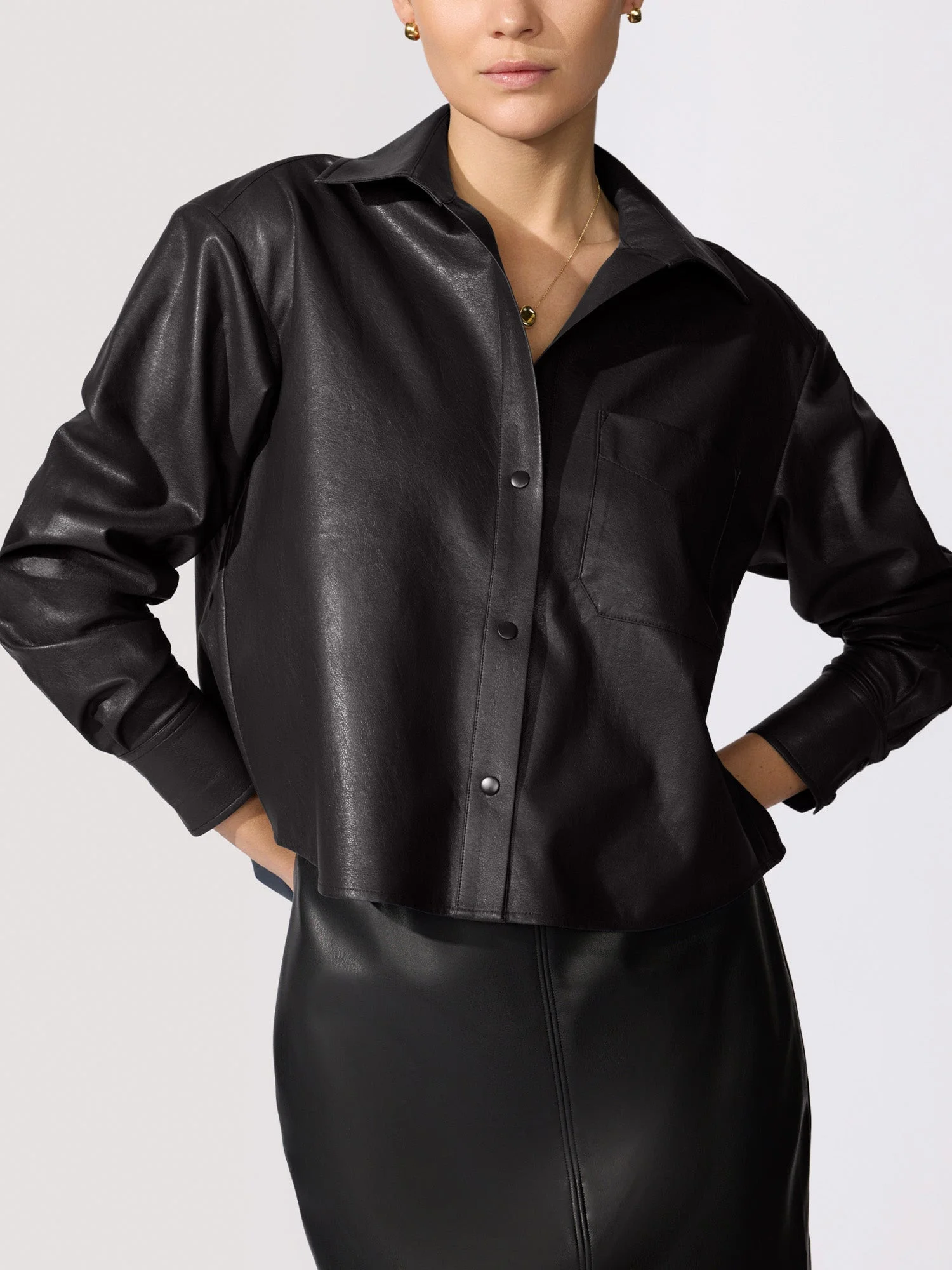 The Everyday Cropped Vegan Leather Shirt - 1