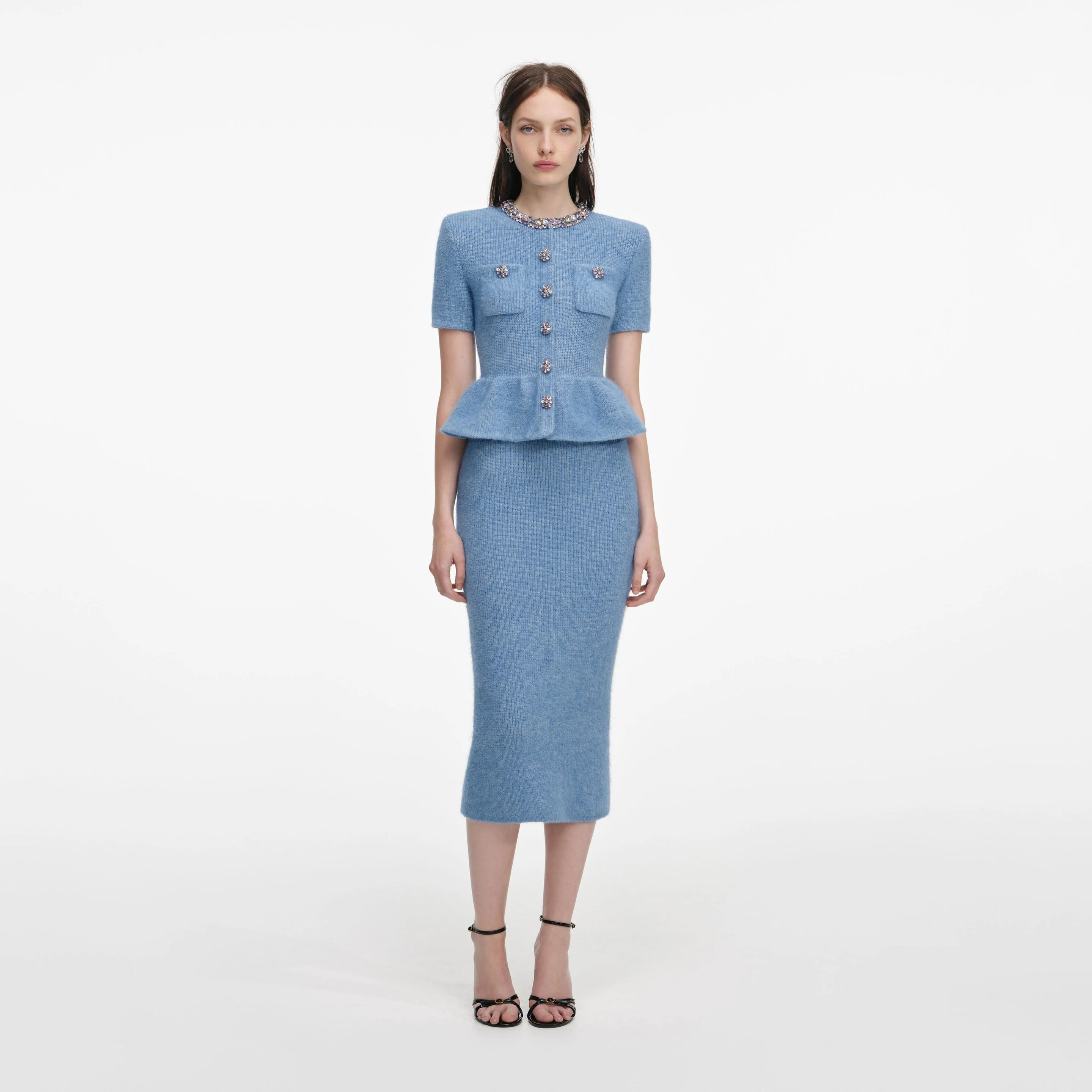 Blue Peplum Knit Midi Dress - 1