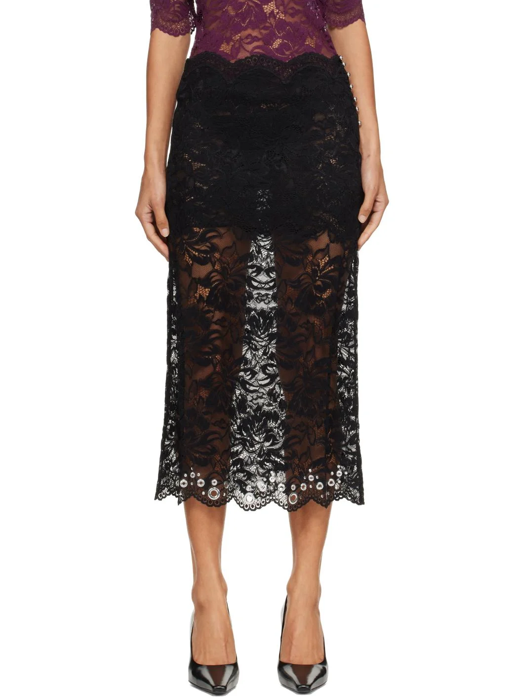 Black Layered Lace Midi Skirt - 1