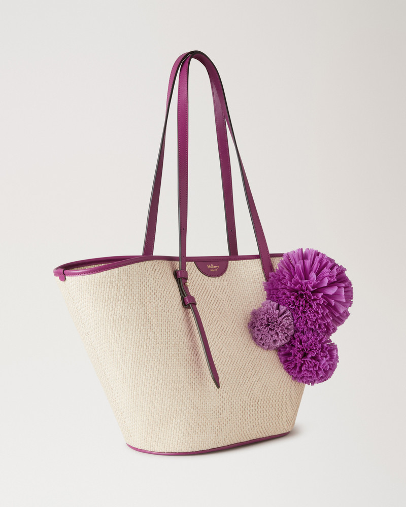Basket Tote Orchid Bloom Raffia & Pom Poms 4
