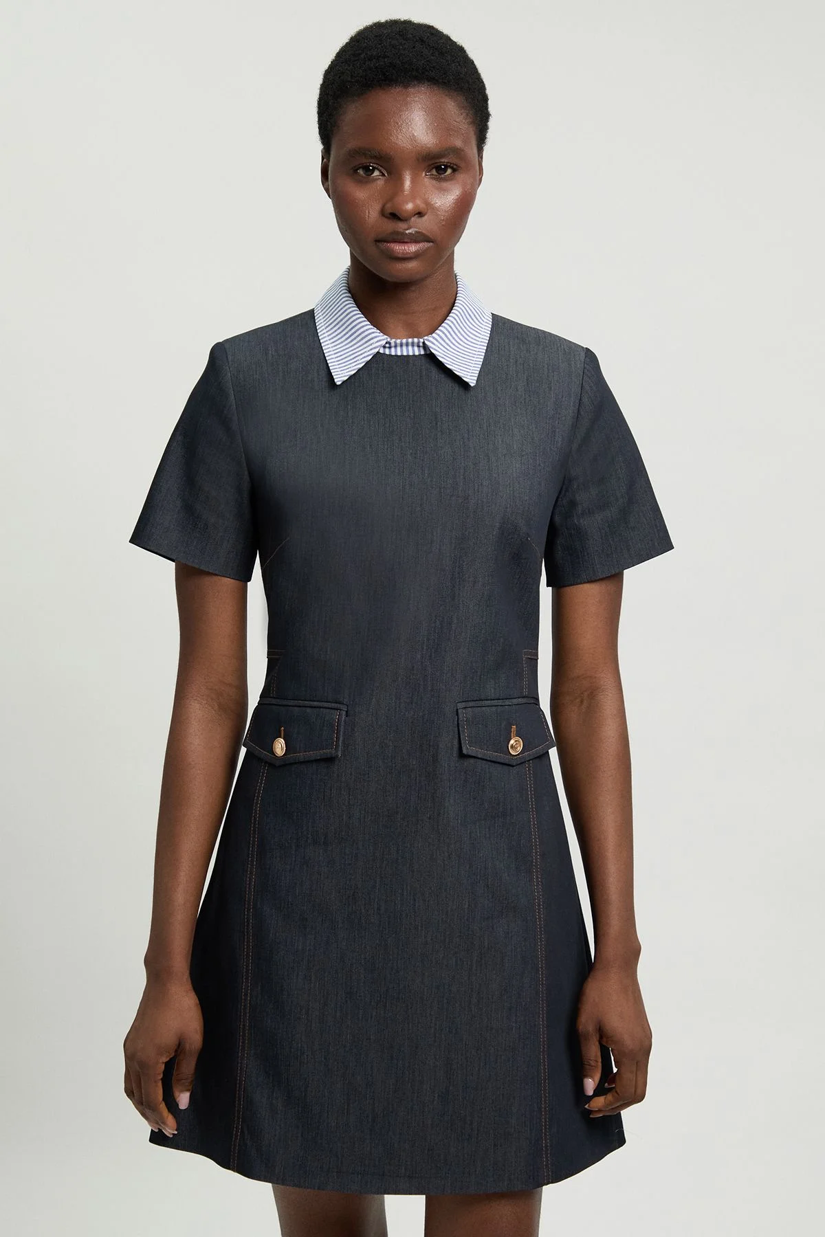 Tailored Denim Piping Detail A Line Mini Dress - 1
