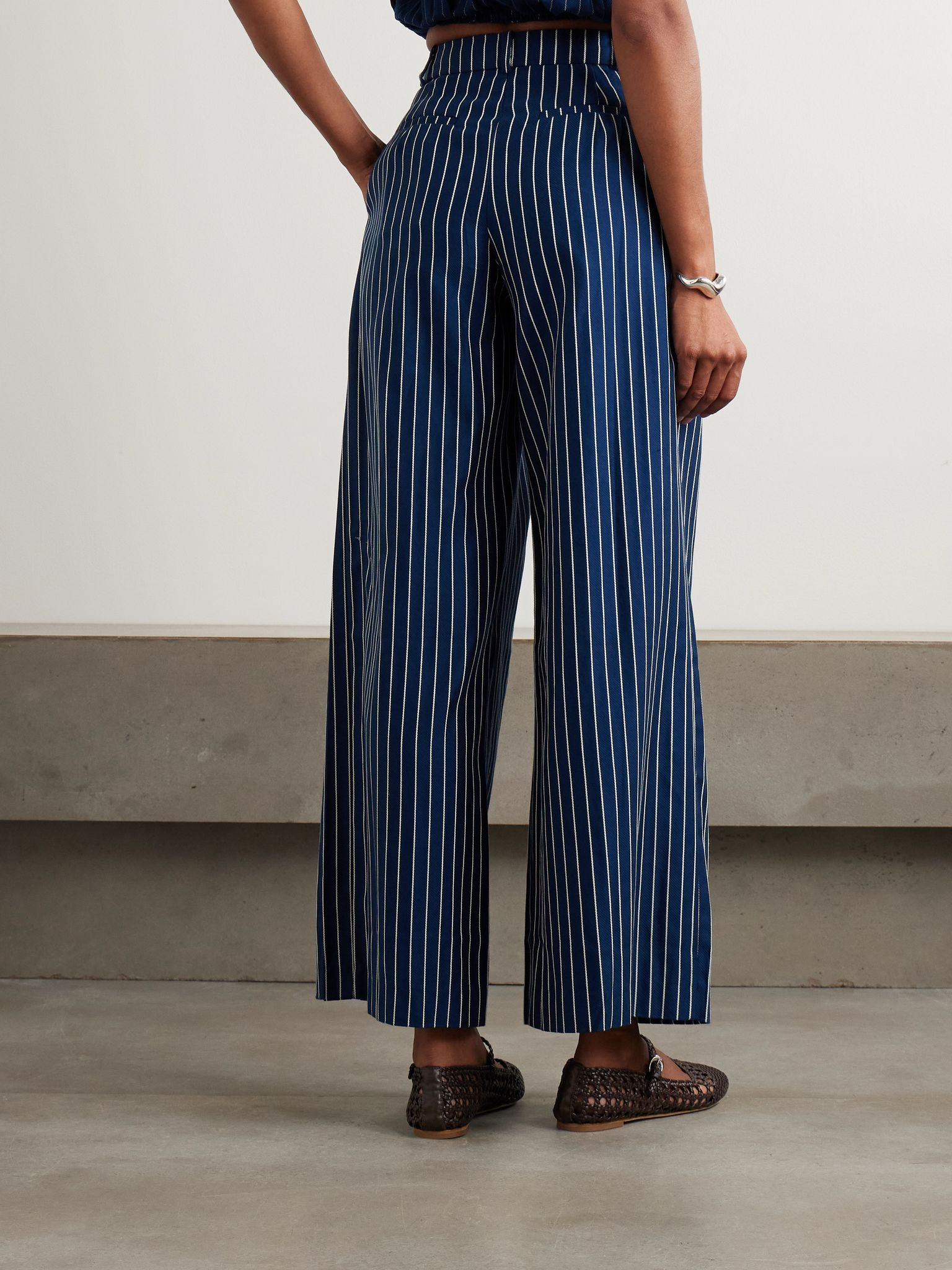 Lalia pleated striped cotton-blend twill wide-leg pants Navy - 4