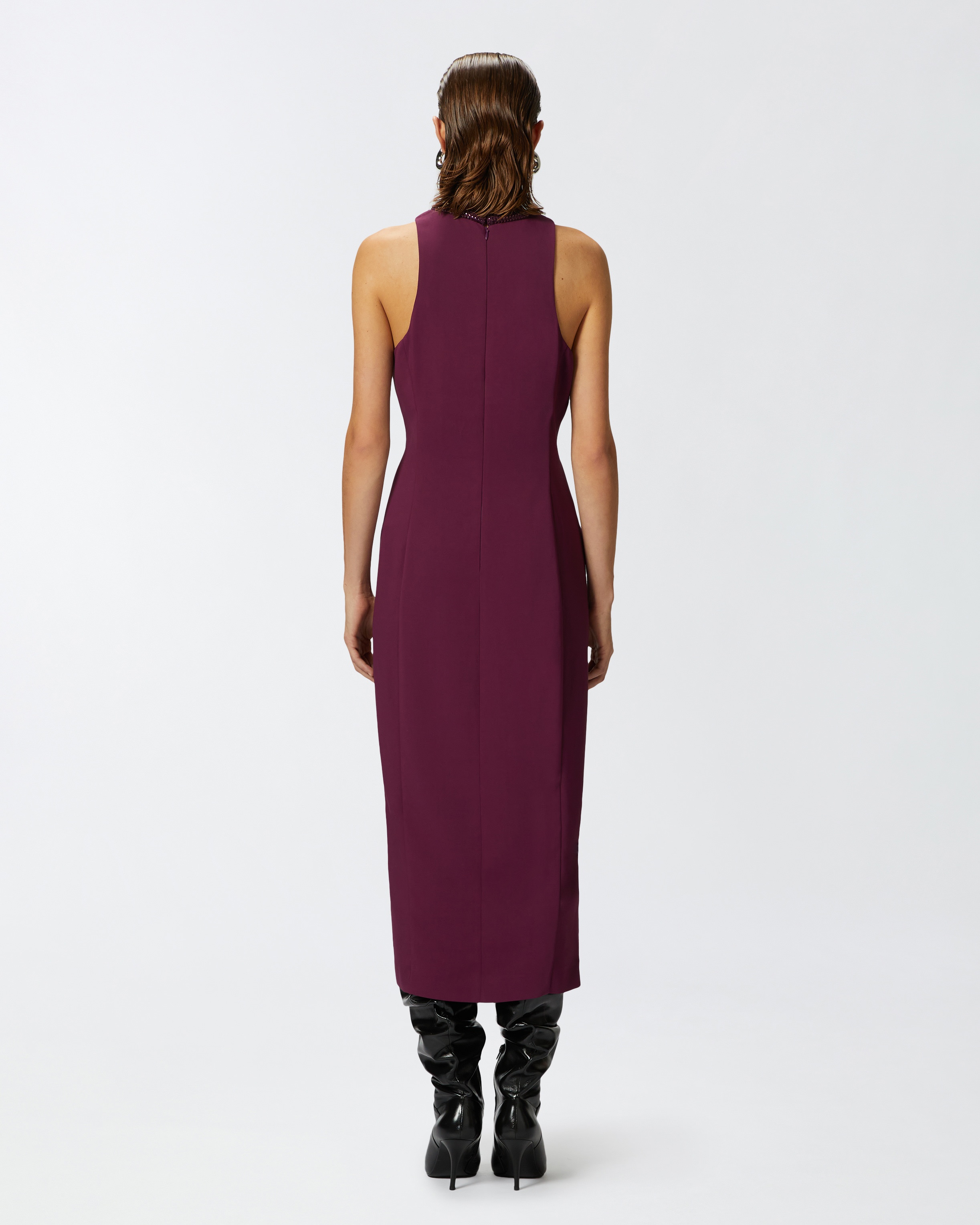 BLACK SHEATH DRESS WITH RHINESTONED NECKLINE - 4